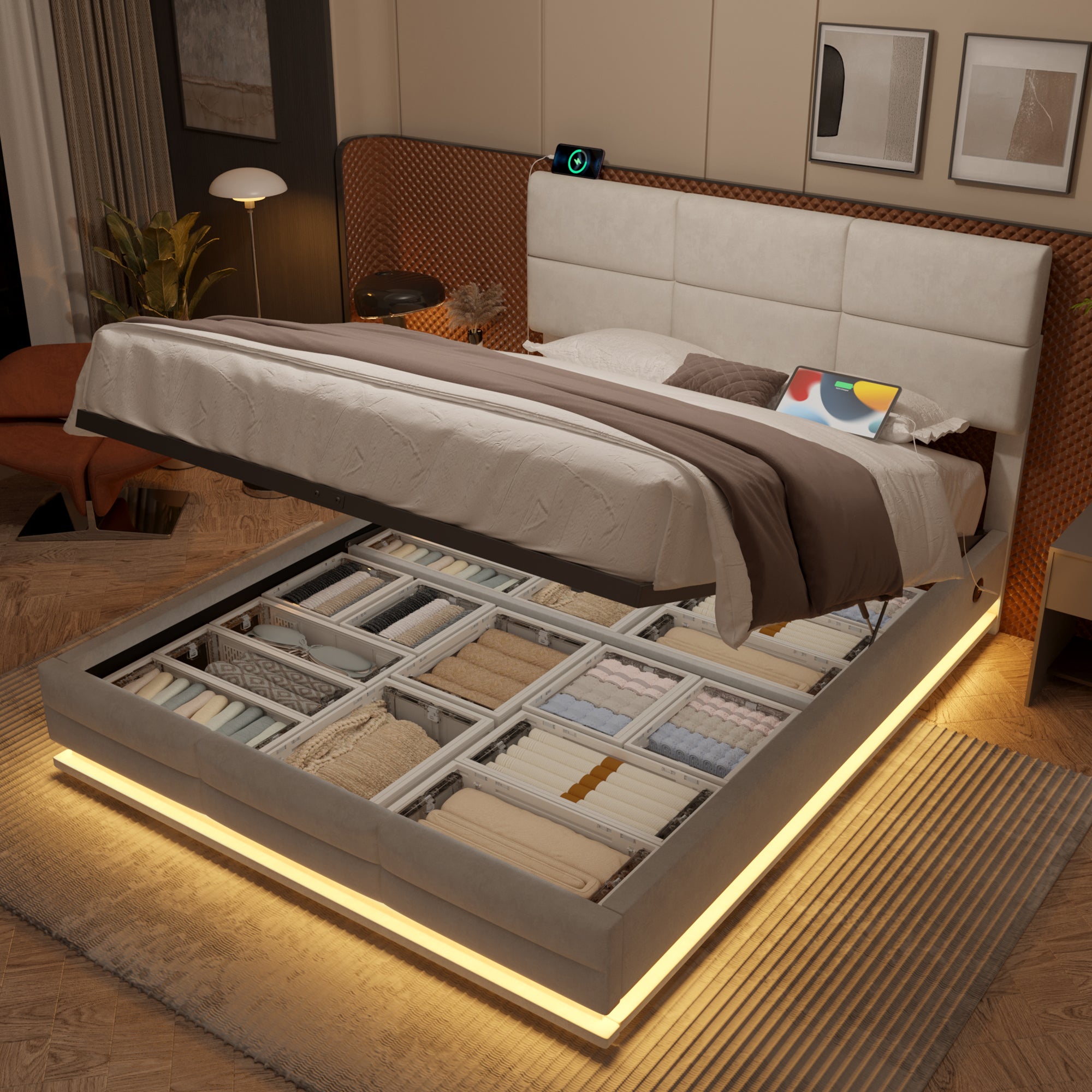 Letto Matrimoniale 140x200 Con Testiera Regolabile E Contenitore - Illuminazione LED, Ricarica USB/Type-C, Velluto Beige