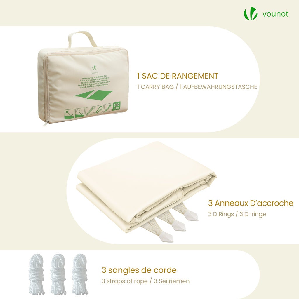 VOUNOT® Vela Ombreggiante Impermeabile Triangolare 5x5x5m, Tenda da Sole per Esterno in Polyester con Kit di Fissaggio, Beige - 7