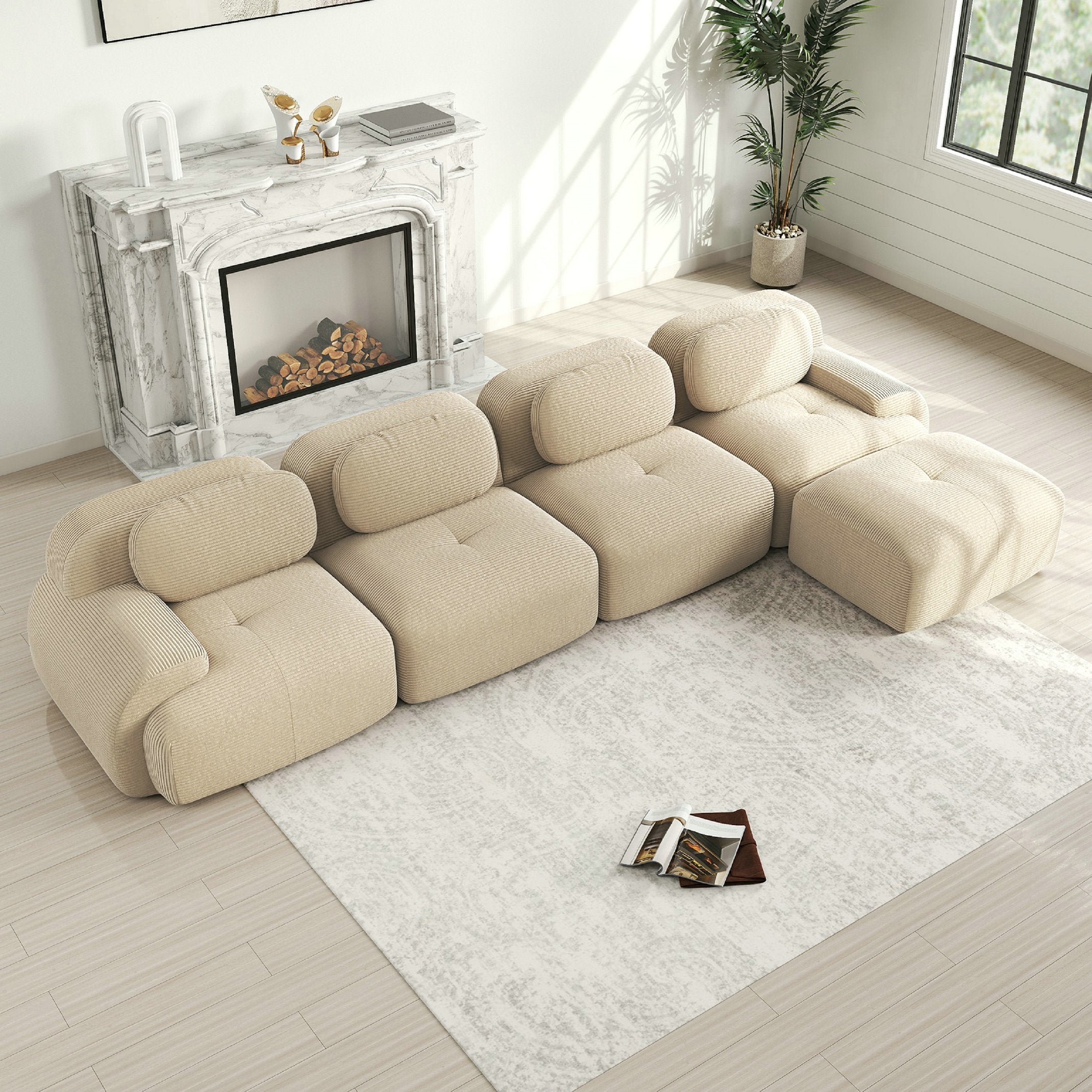 Canapé d\'angle modulable en forme de Canapé 4 places Élégant - Accroupiers extra-larges- Tissu velours côtelé respirant - Beige - 2