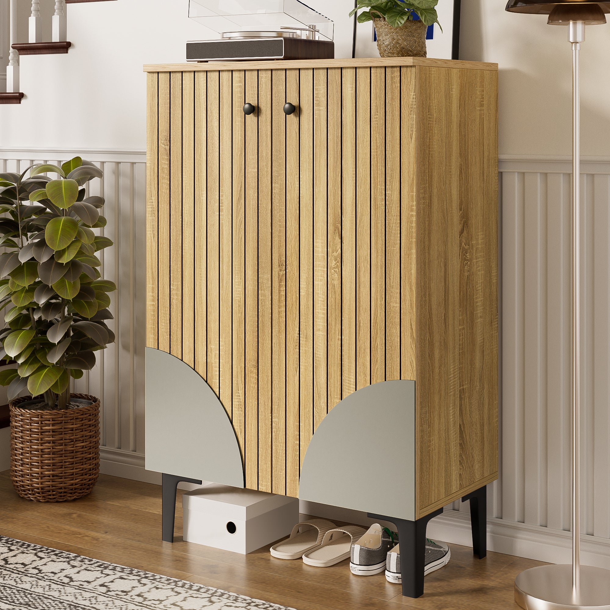 Meuble à chaussures avec 2 portes et 4 étagères - 60 x 32 x 94 mc - MDF et panneaux de particules - Pièds en métal - Naturel - 2