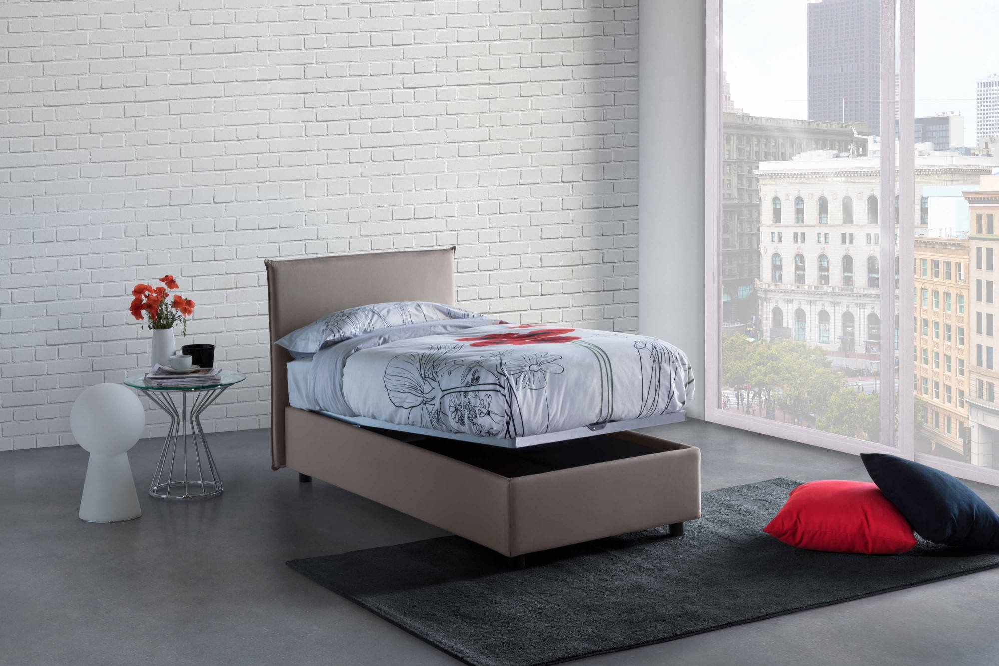 Lit simple Bruna, Lit coffre avec revêtement en tissu, 100% Made in Italy, Ouverture frontale, adapté pour matelas 80x190 cm, Taupe - 5