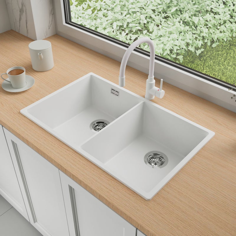 Zlewozmywak Granitowy 76x47cm, do szafki od 80cm + Bateria + Syfon - Agate Biały STONESTYLE