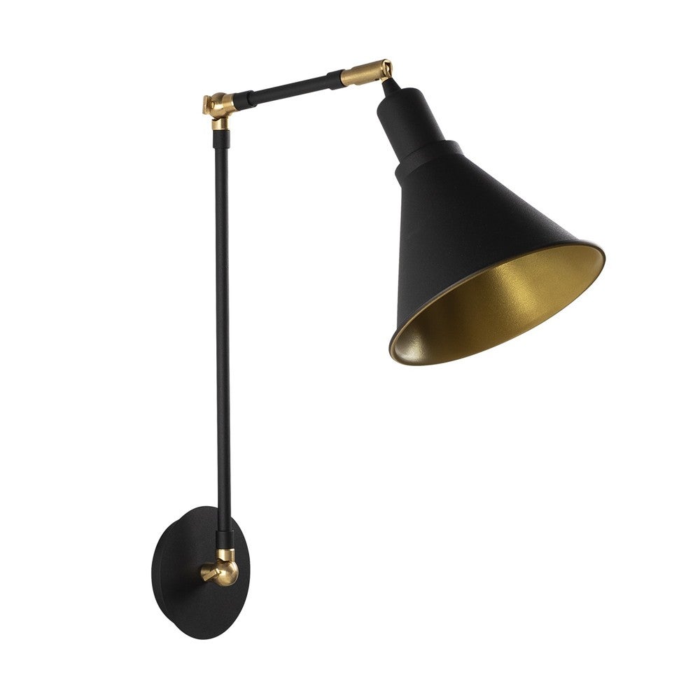 Przegubowa lampa ścienna Harvey w stylu vintage z czarną, regulowaną metalową konstrukcją i złotym wnętrzem