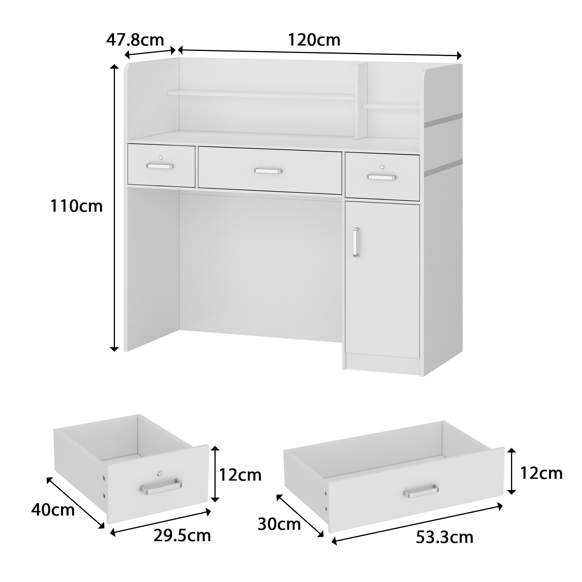 Comptoir de réception avec compartiments ouverts étagères Tiroir verrouillable Salon Bureau 120x20x110cm Blanche - 3