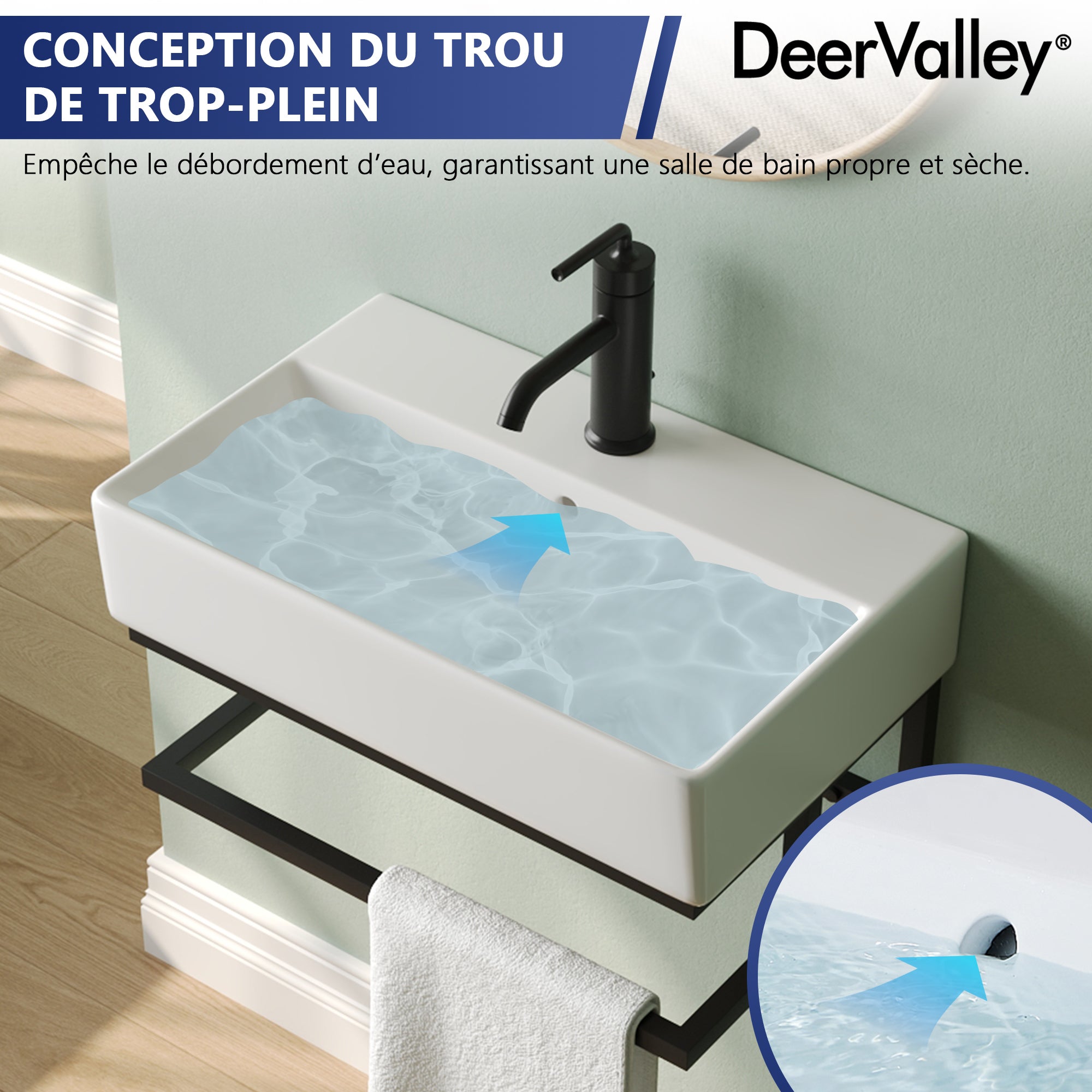 Vasque lave mains Salle de Bain - Vasque lave mains mural rectangulaire blanc mat en céramique avec porte-serviettes - Pour petit espace - DeerValley - 6