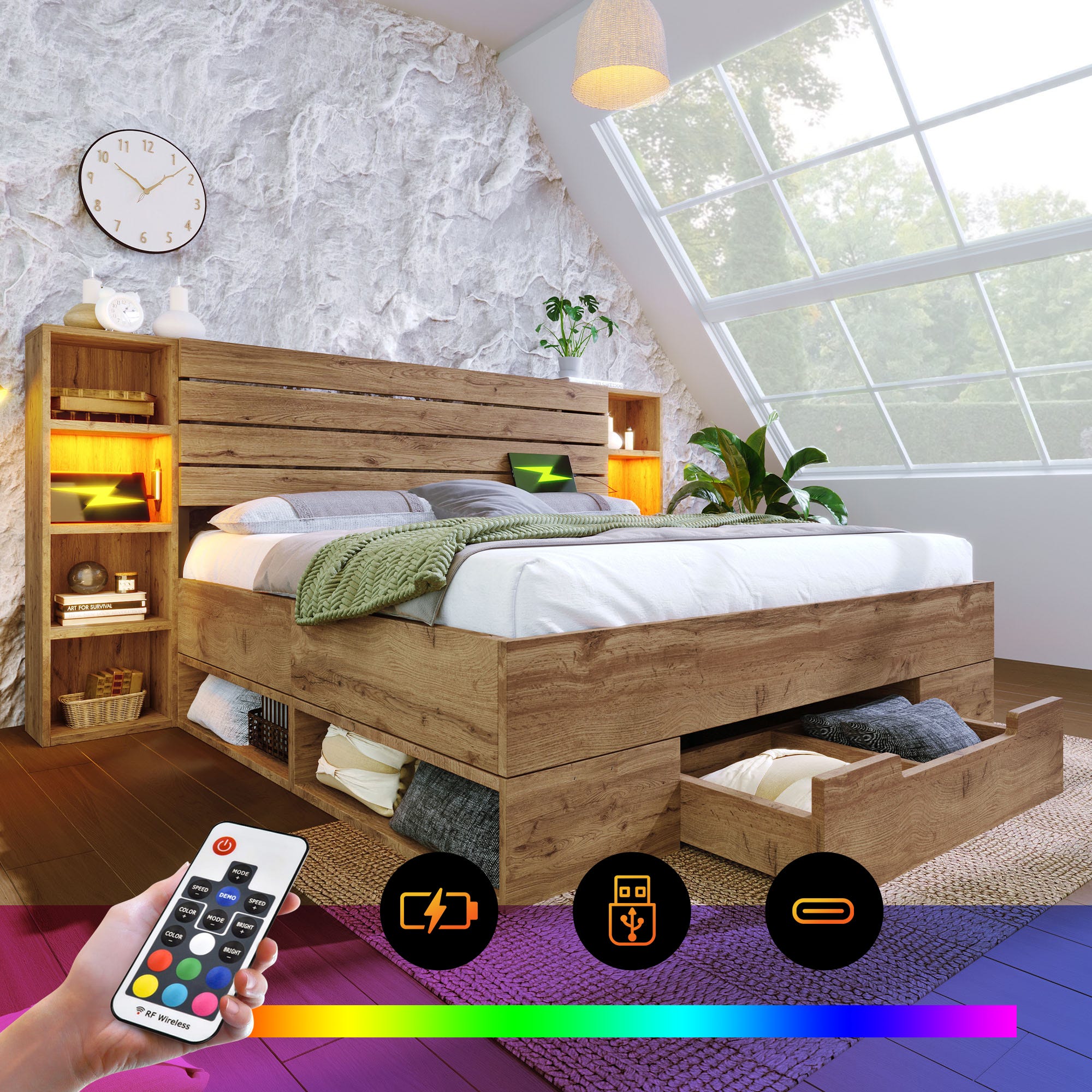 Lit double en bois massif 160×200, lit coffre avec éclairage LED et USB ...