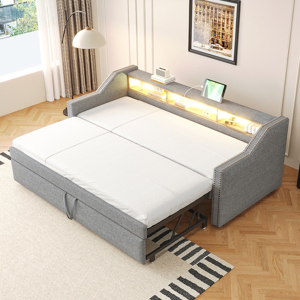 Canapé-lit extensible 90/180 x 190 cm, éclairage LED et prise USB, gris clair - 2