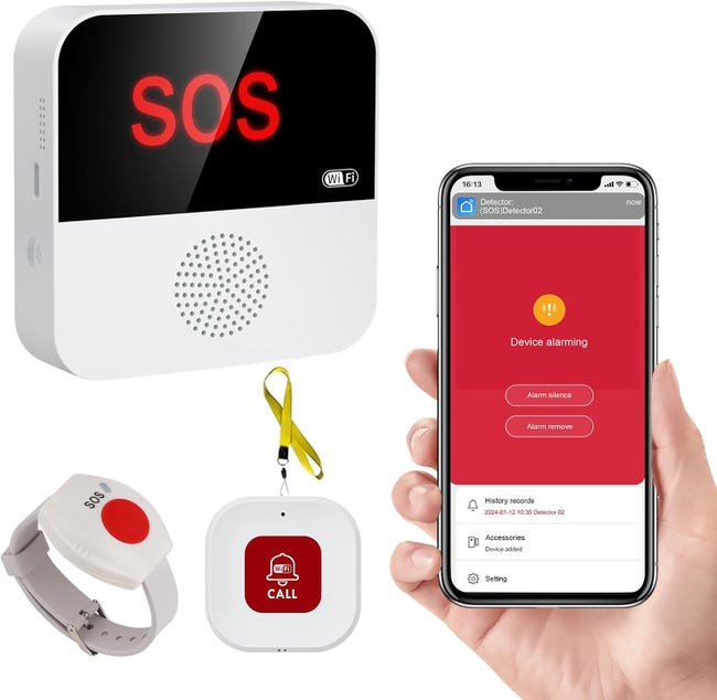 Zegarek alarmowy Tuya WiFi dla seniorów, 1 odbiornik + 2 przyciski (1 opaska), Wi-Fi 2,4 GHz