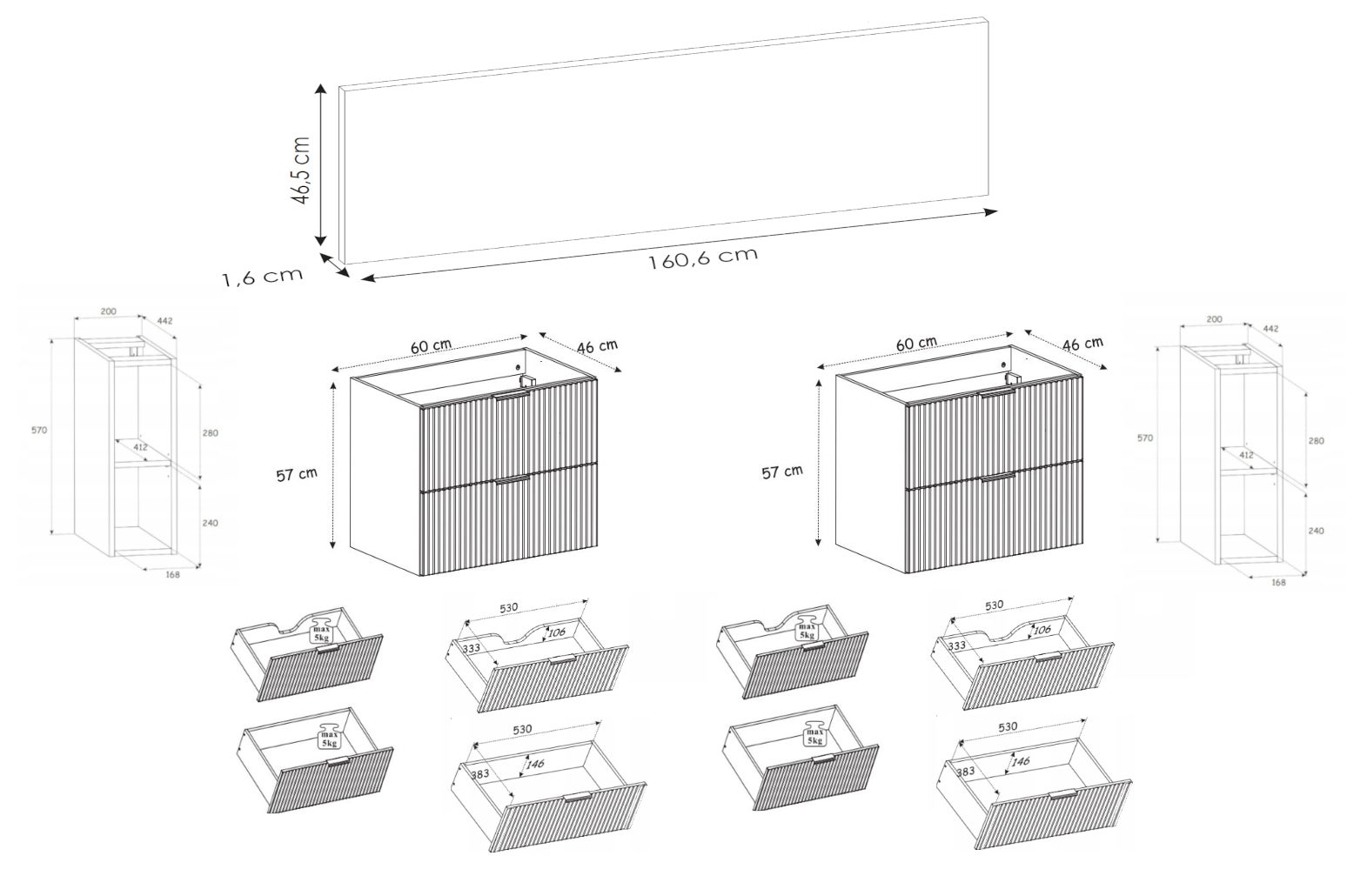 Meuble sous vasque FLOW CHÊNE 160 cm avec 2 x l'étagères - extensions et plan - 5