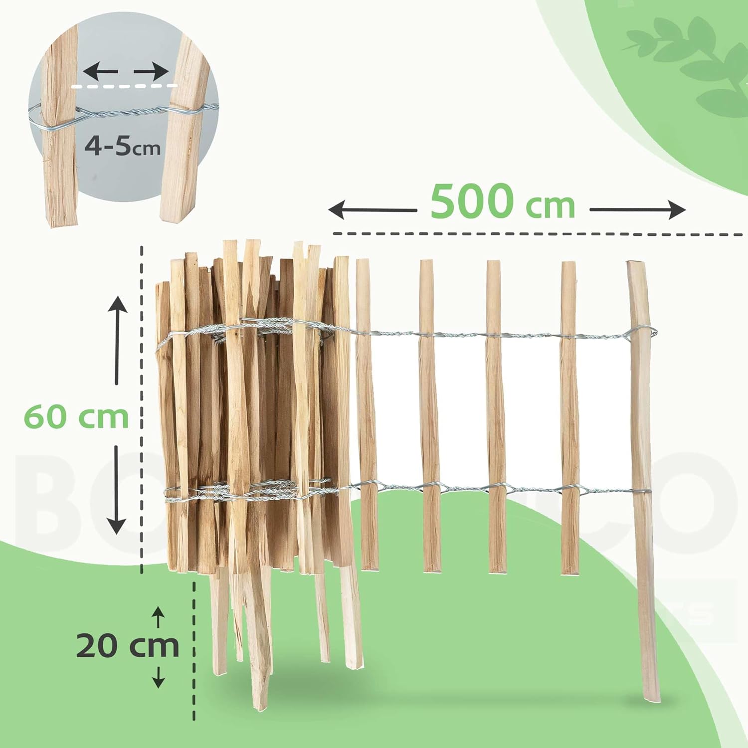 BOGATECO Clôture enroulable en bois noisetier | Clôture de jardin 60 cm de haut et 500 cm de long | Lattenabstand 4-5cm | Clôture en bois - 2