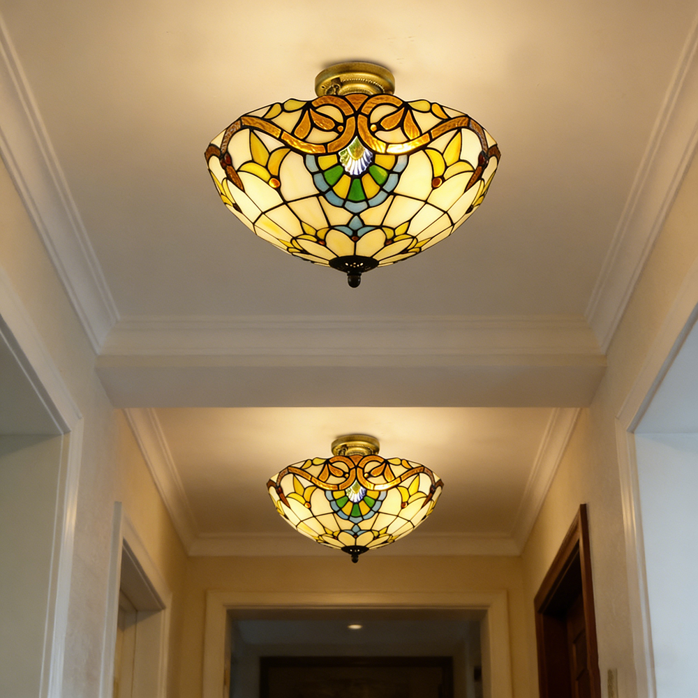 Plafonnier Tiffany, Lustre encastré, Suspension en verre, Éclairage d'entrée LED, Lampadaire LED rétro, φ40 cm (ampoule non incluse) - 8