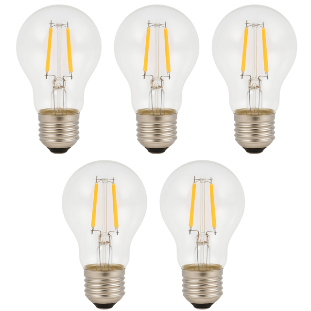 Zestaw 5 sztuk żarówek LED A60 E27 z żarnikiem 4 W 550 lm, przezroczystych i w stylu vintage. Ciepłe światło 2700 K.
