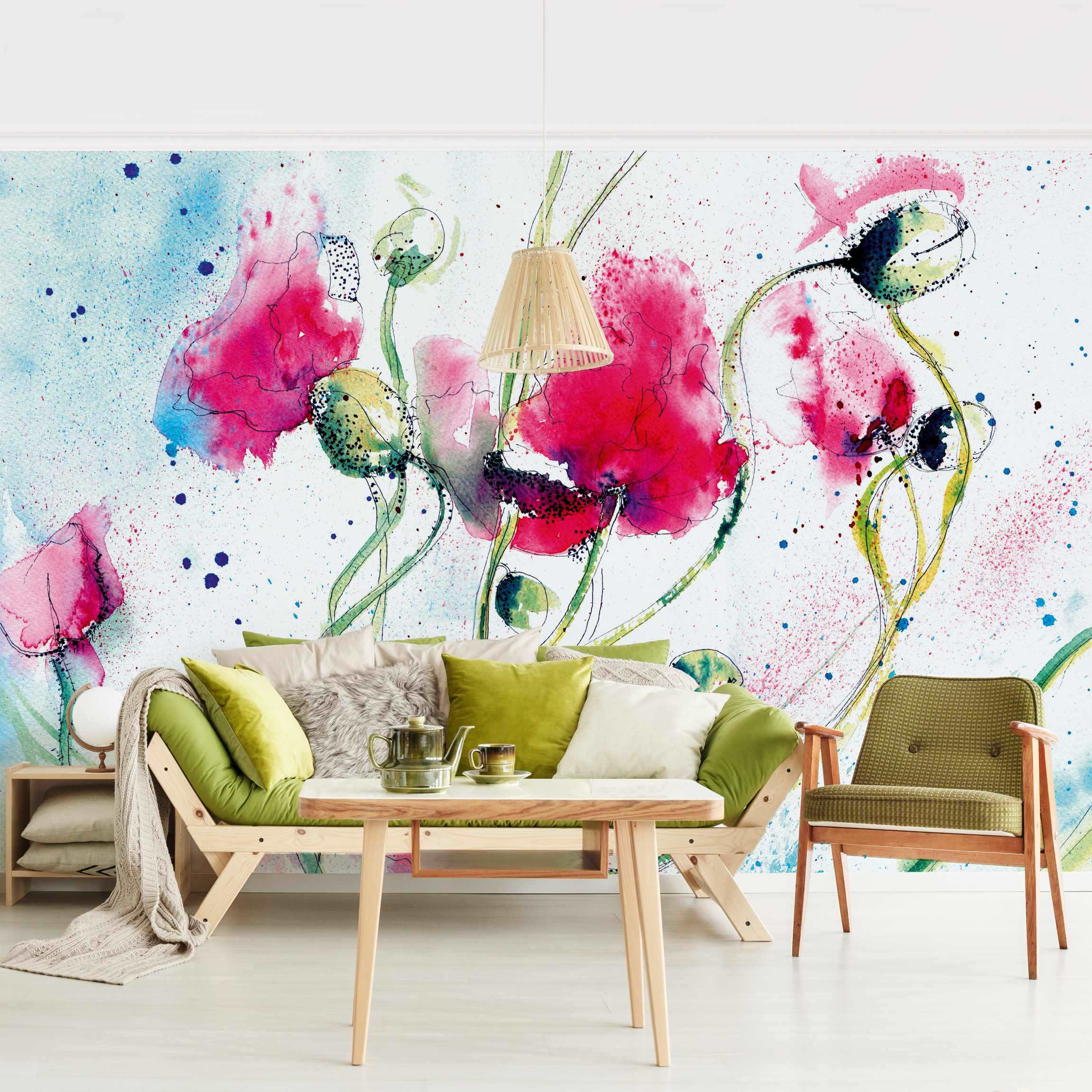Papel pintado fotomural amapolas flores arte acuarela 85 - salón dormitorio cocina pasillo - tnt 432 x 290 cm premium