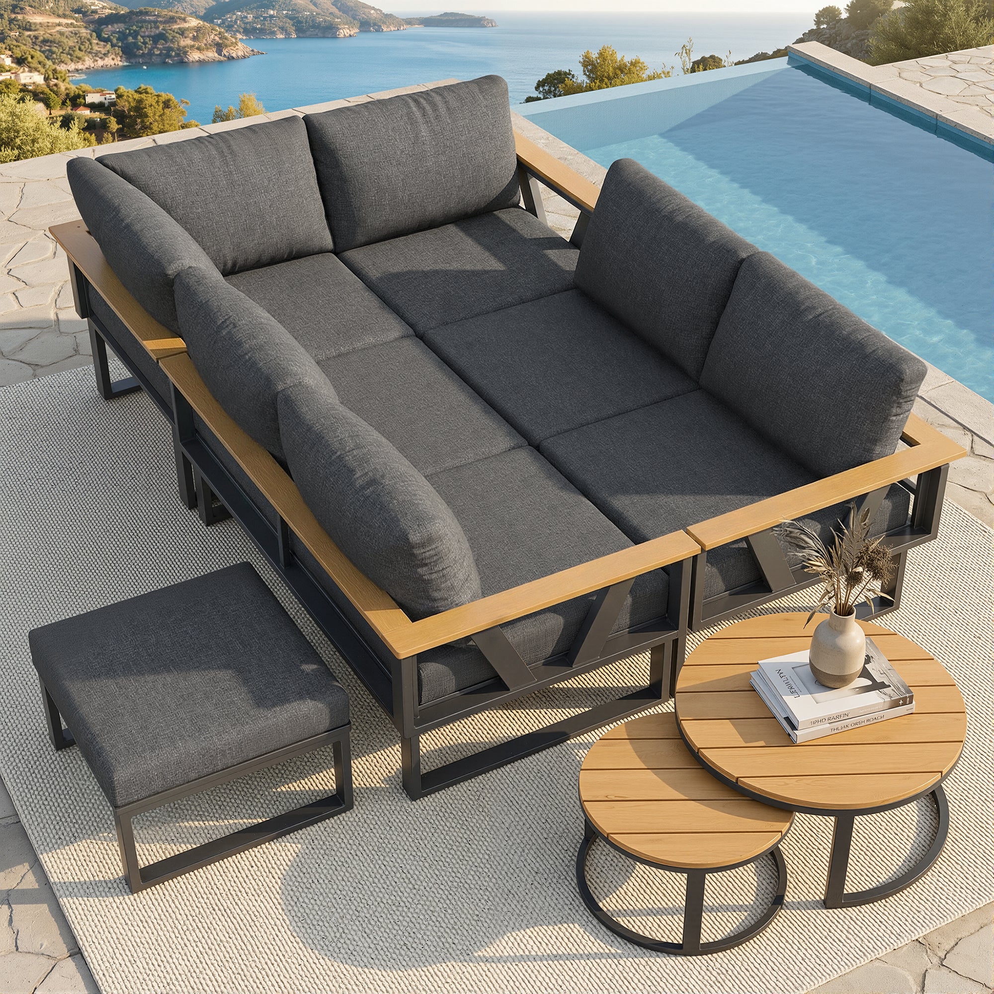 Salon de jardin - 6-7 places - en fer galvanisé - canapé d'angle - avec table basse gigogne - en bois plastique - fauteuil - repose-pieds, Gris - 6