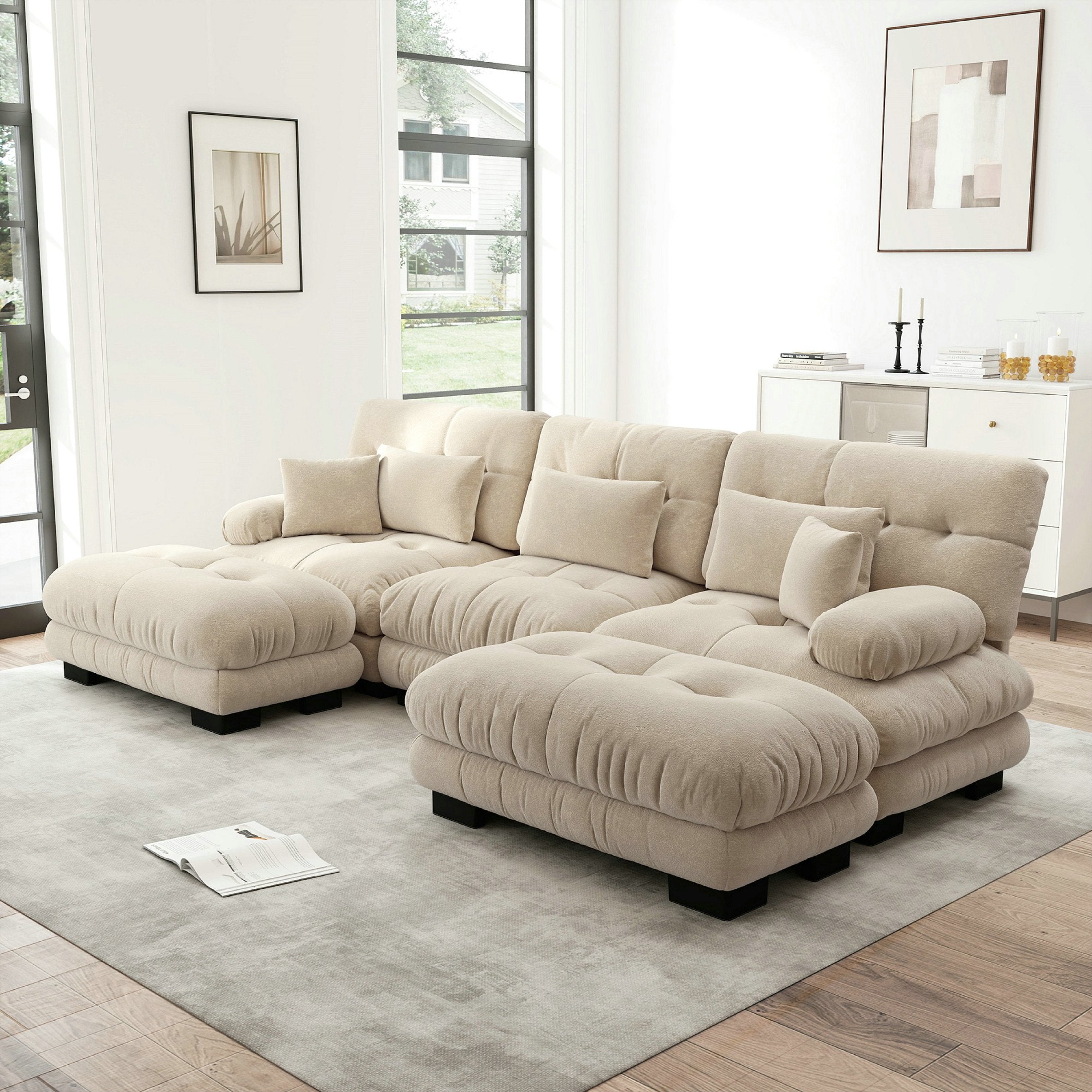 Canapé d\'angle modulaire luxueux 3 places U – en forme de nuage, confortable – canapé-lit profond avec pouf – chenille marron clair - 4