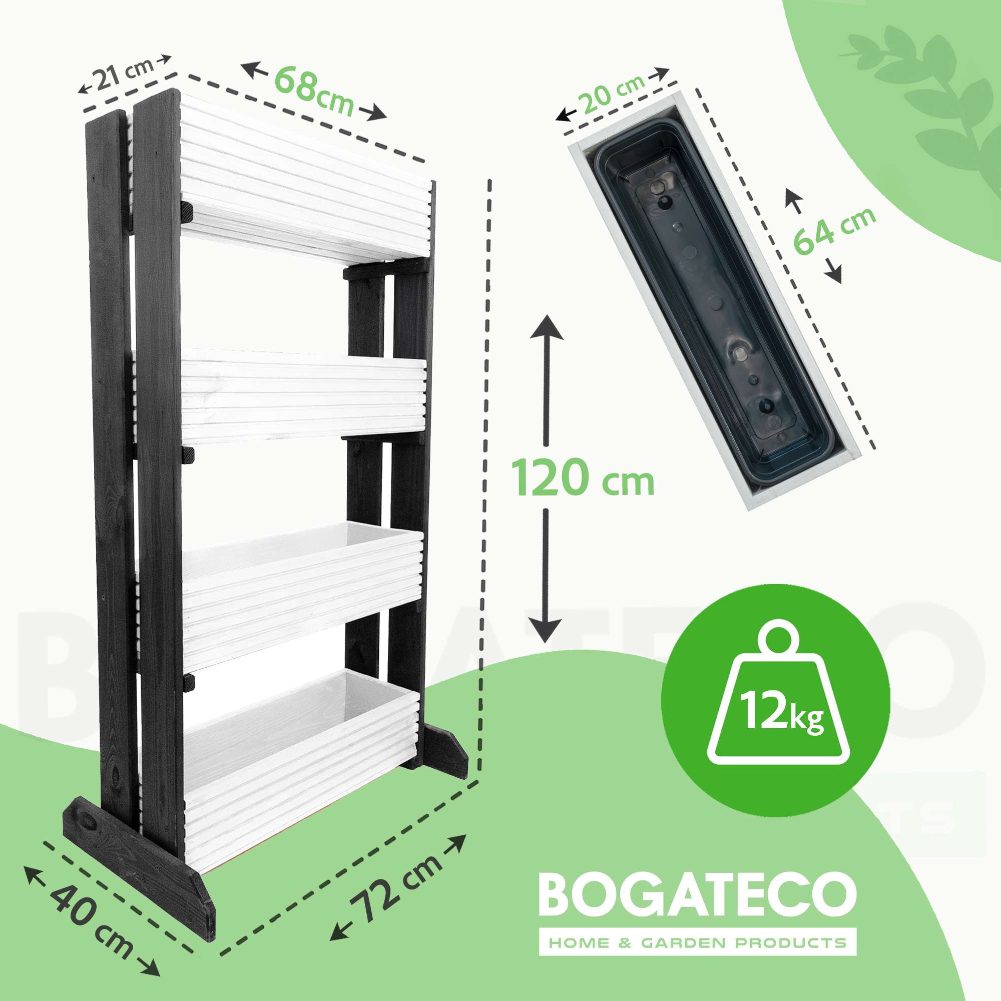 BOGATECO Lot de 4 pots de fleurs sur pied | Lot de 4 jardinières 64x20cm |Pots de fleurs en bois pour tomates et fleurs| Blanc - 2