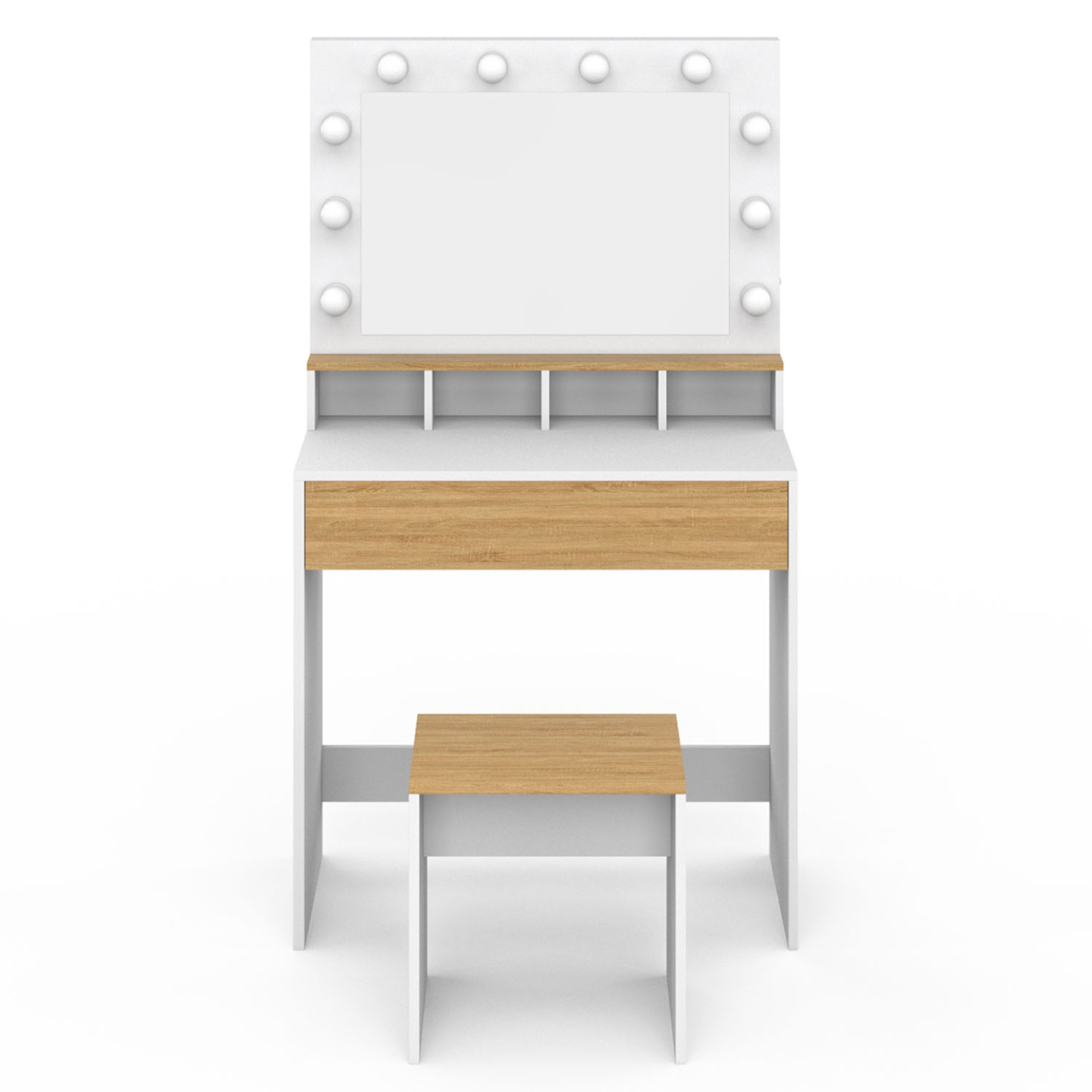 Coiffeuse ZELIA blanc et hêtre miroir LED avec 4 niches, 1 tiroir et tabouret - 3