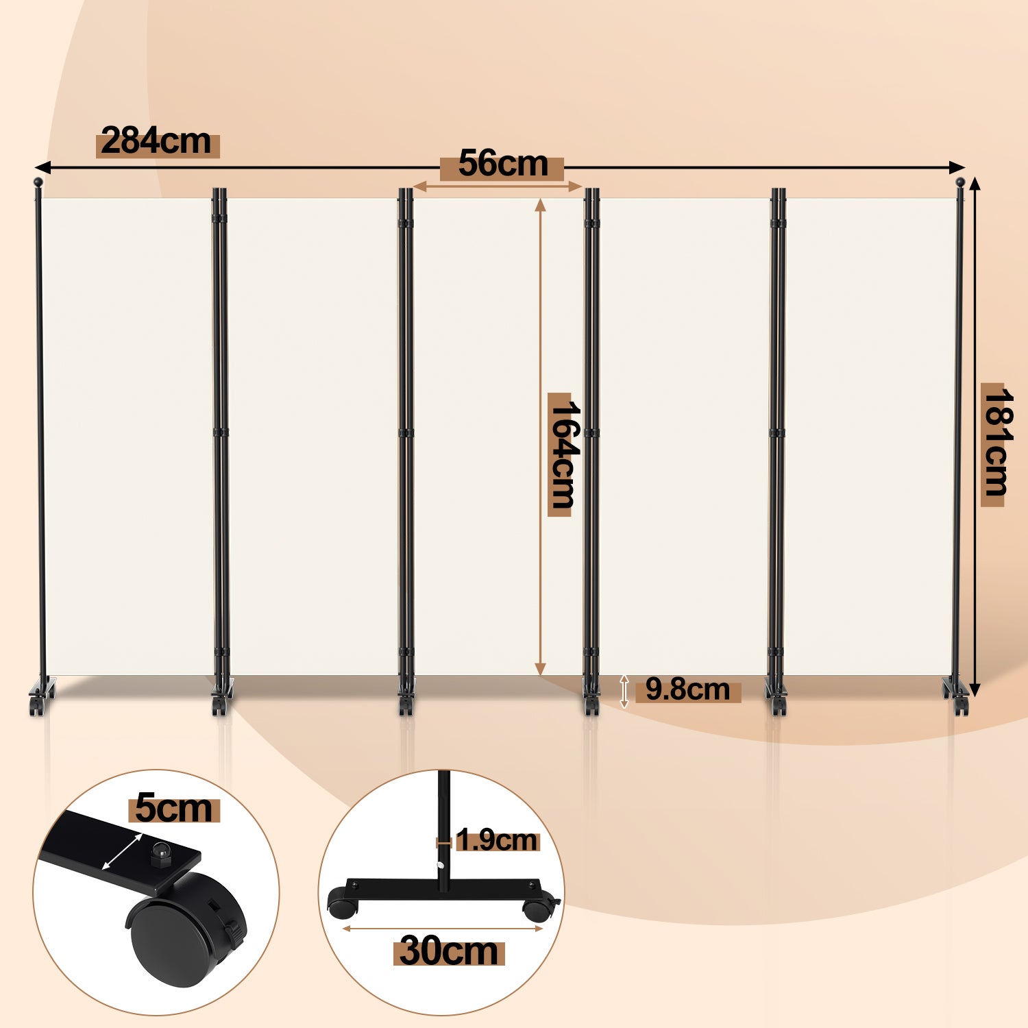 Paravent avec roulettes séparateur de pièce Cloison Paravent écran de confidentialité Écran pour Jardin Beige 284x181 cm - 2