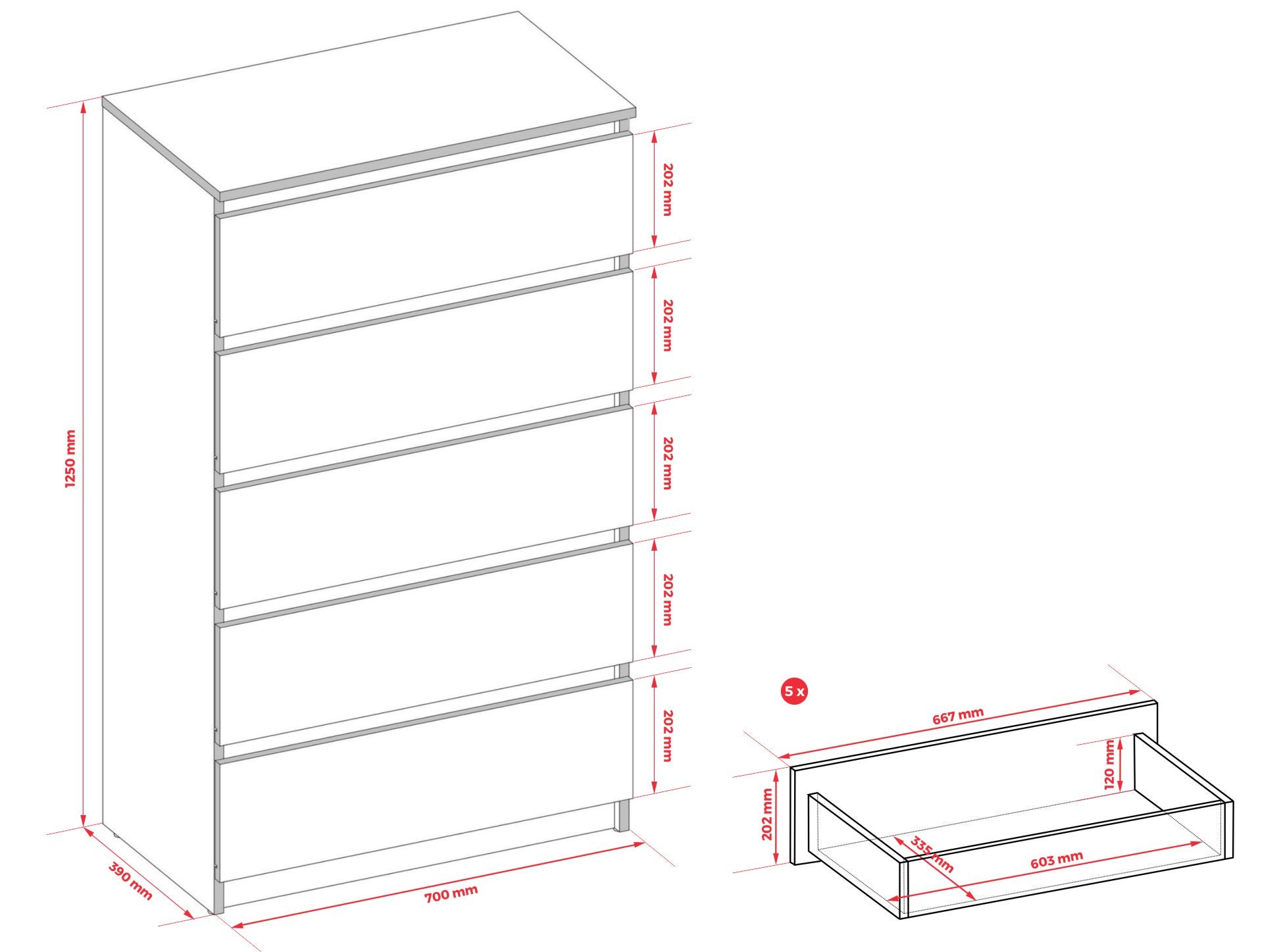 Commode 5 Tiroirs, Anthracite, 70 x 39 x 125 cm - 4