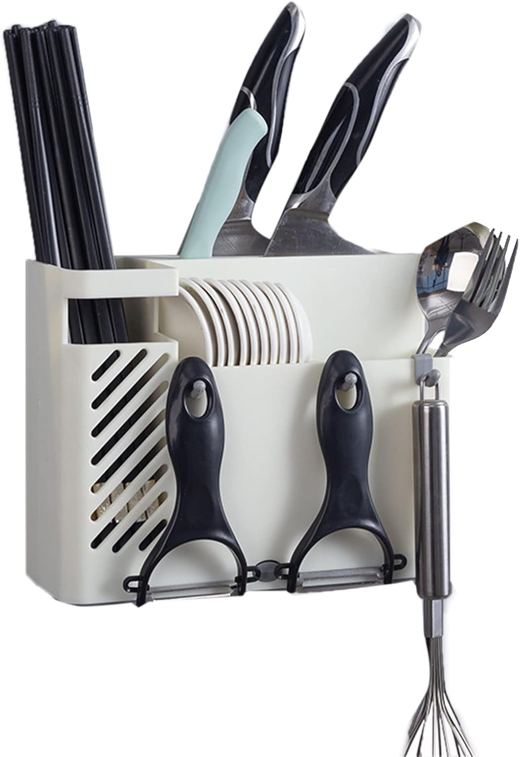 Wieszak na przybory kuchenne, ociekacz na sztućce, koszyk na sztućce do naczyń, łyżki, widelce (biały)