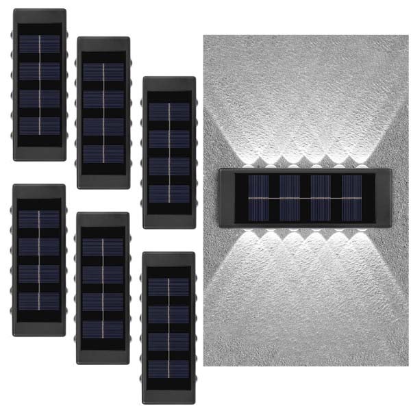6 szt. Solarnych Lamp Ściennych - 12 LED, Washlight, Białe światło, Oświetlenie Zewnętrzne Góra/Dół, Nowoczesne, Odporne na Warunki Atmosferyczne