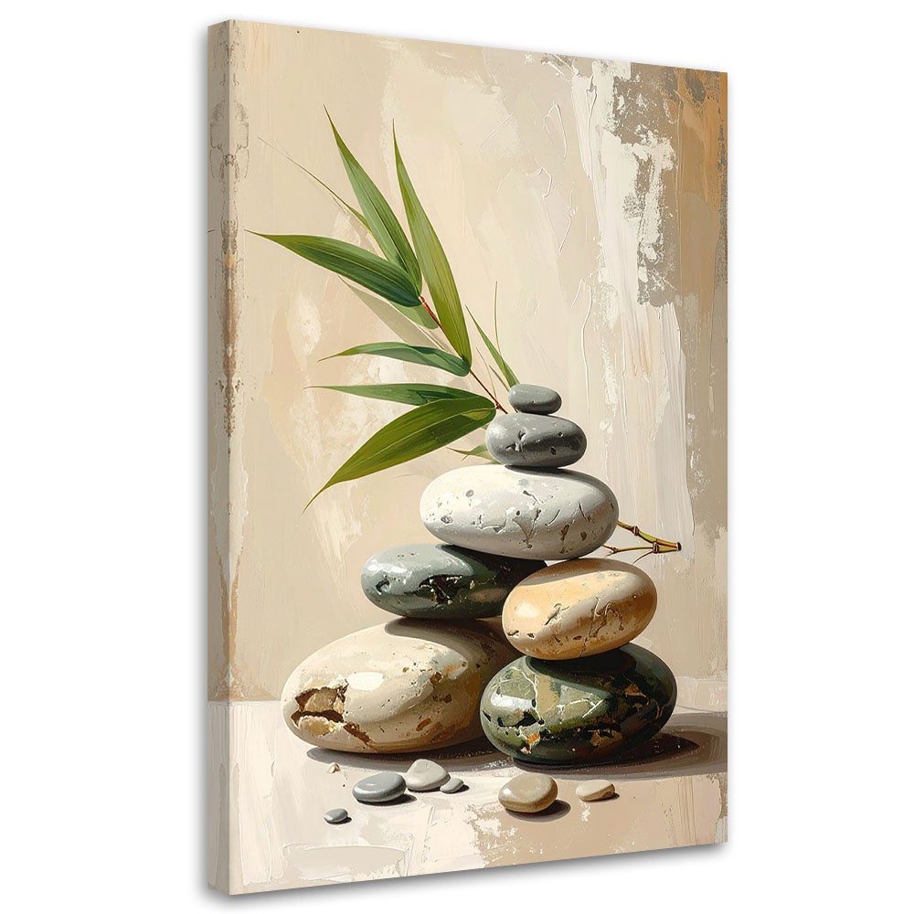 Obraz do salonu sypialni, Kamienie zen spa liście bambusa w beżu 20x30