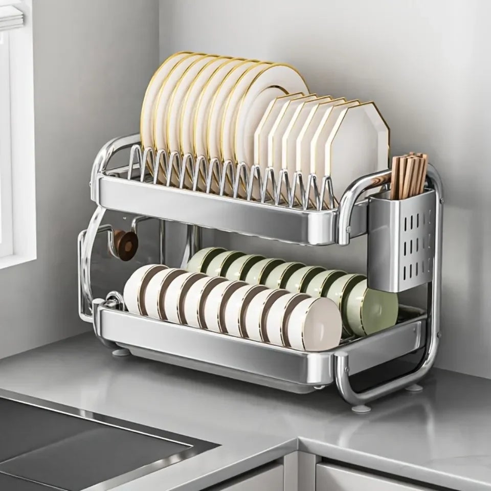 Escurridor de platos multifuncional inoxidable, gran capacidad, escurridor de acero inoxidable de 2 capas para ahorrar espacio - 2