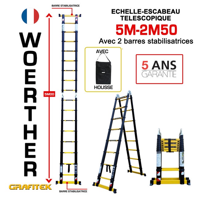 Ecabeau télescopique 2 en 1, 5m00-2m50 - Woerther Grafitek avec double barre stabilisatrice + Housse - Garantie 5 ans