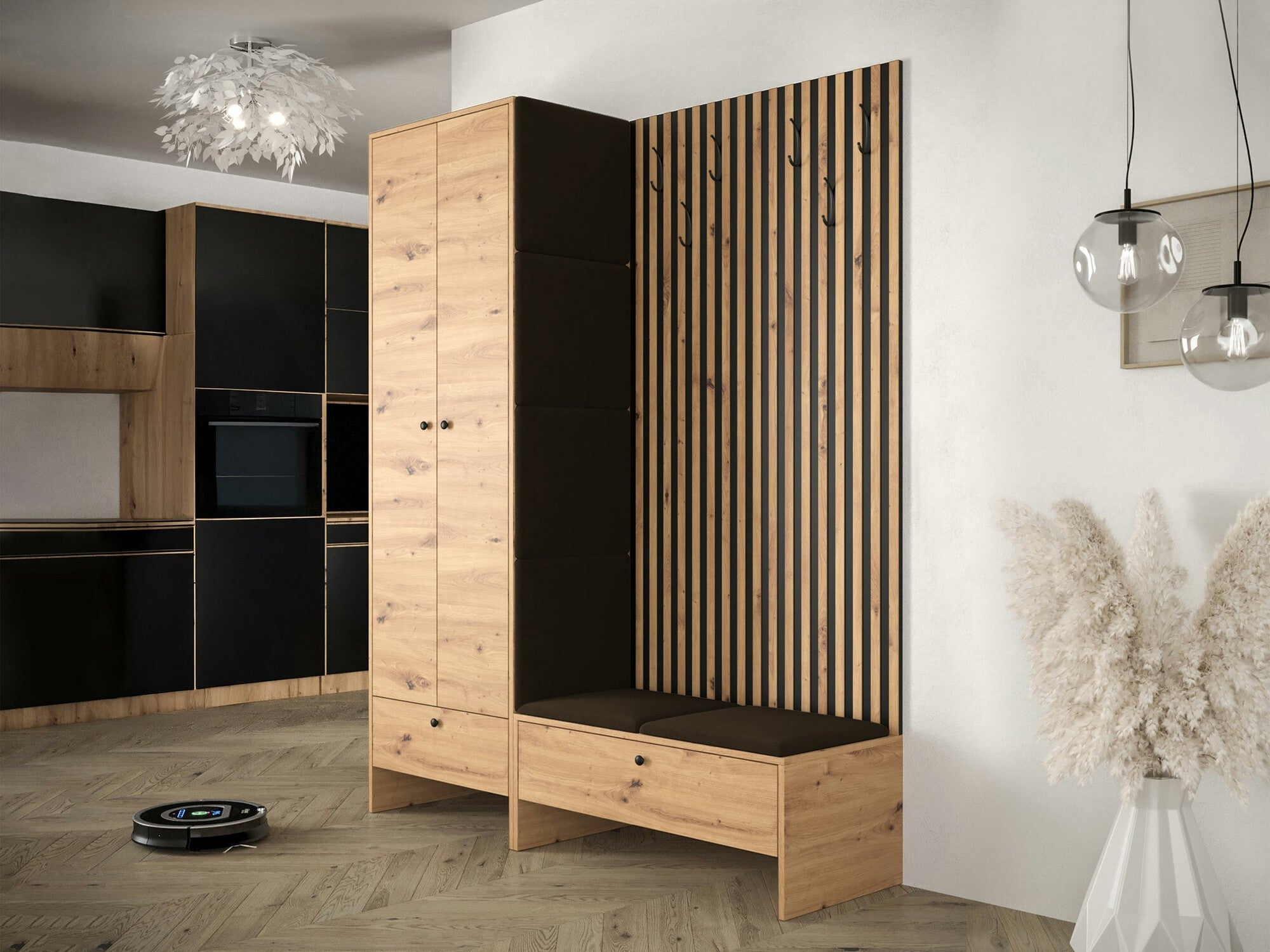 Meuble d'entrée Donio III, 206x145x44cm, Chêne Artisan, Noir, Stratifié, Tissu, À poser - 2