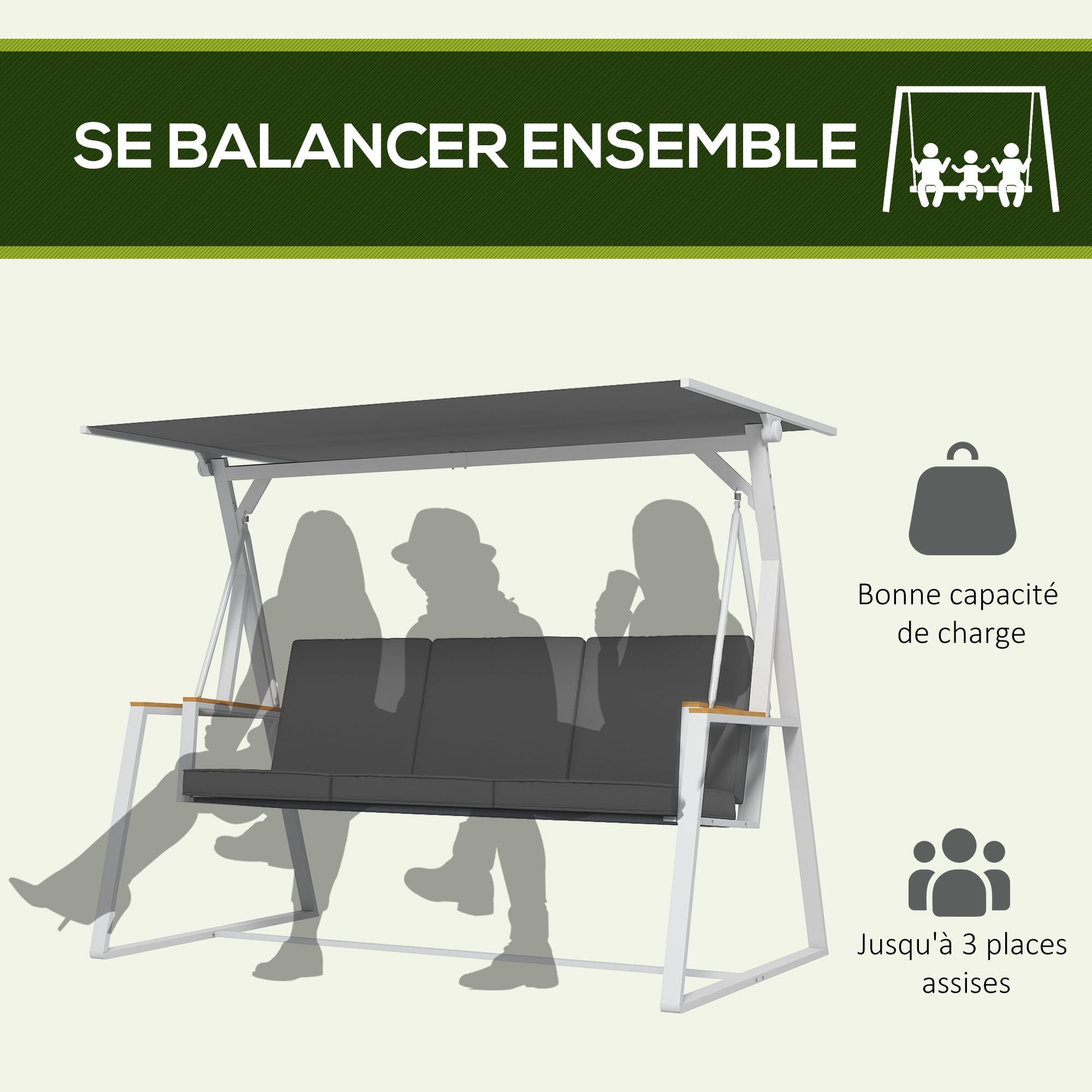 Balancelle de jardin design 3 places réglable matelas blanc gris foncé - 4