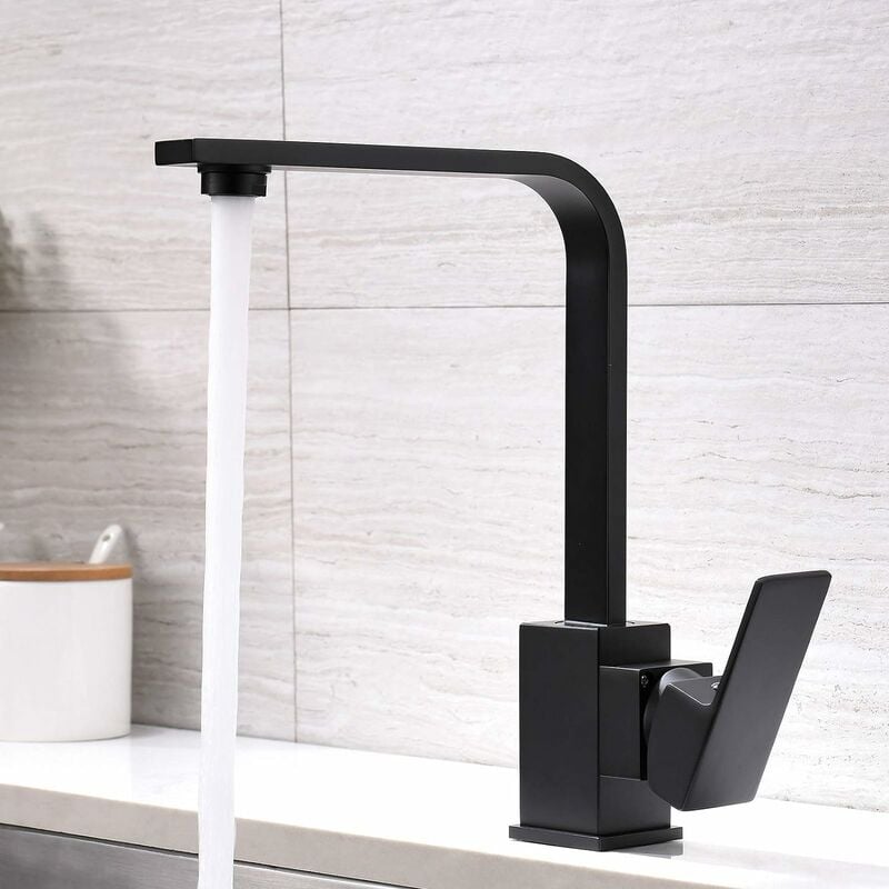 Czarny, obrotowy kran kuchenny z kwadratową, płaską wylewką, jednouchwytowa bateria do ciepłej i zimnej wody do zlewu warzywnego