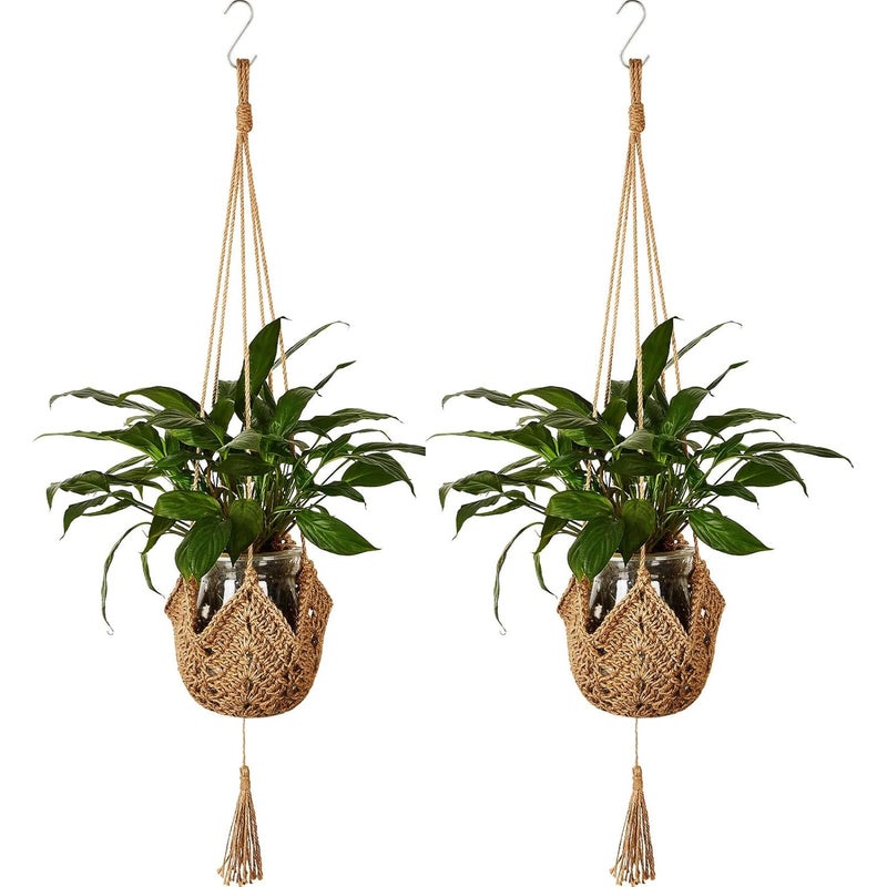 Wiszący kosz wykonany z brązowego plecionego sznurka konopnego o długości 105 cm, z 2 kreatywnymi doniczkami ogrodowymi i wiszącą siatkową torbą z hac