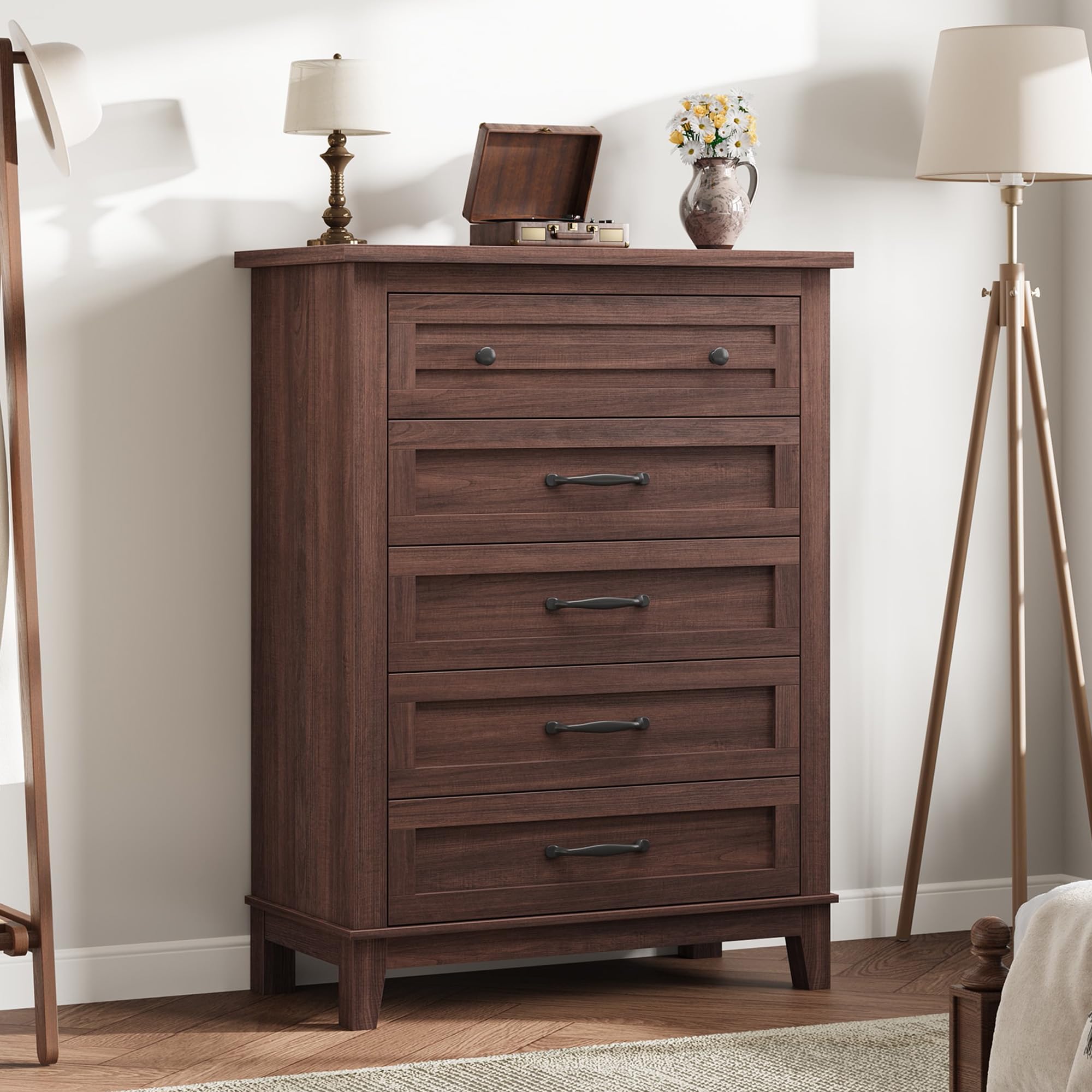 Commode verticale 5 tiroirs, marron, bois, autoportante, design moderne ...