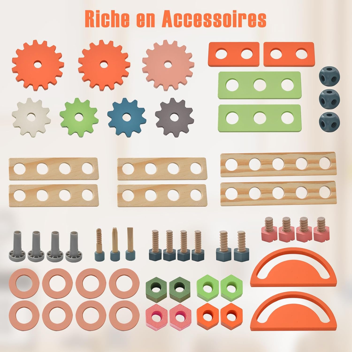 Jouet d'Etabli en Bois pour Enfants avec 8 Outils & 53 Accessoires, Jeu d'imitation Bricolage avec Tableau Noir, Cadeau Enfant 3-8 Ans - 6