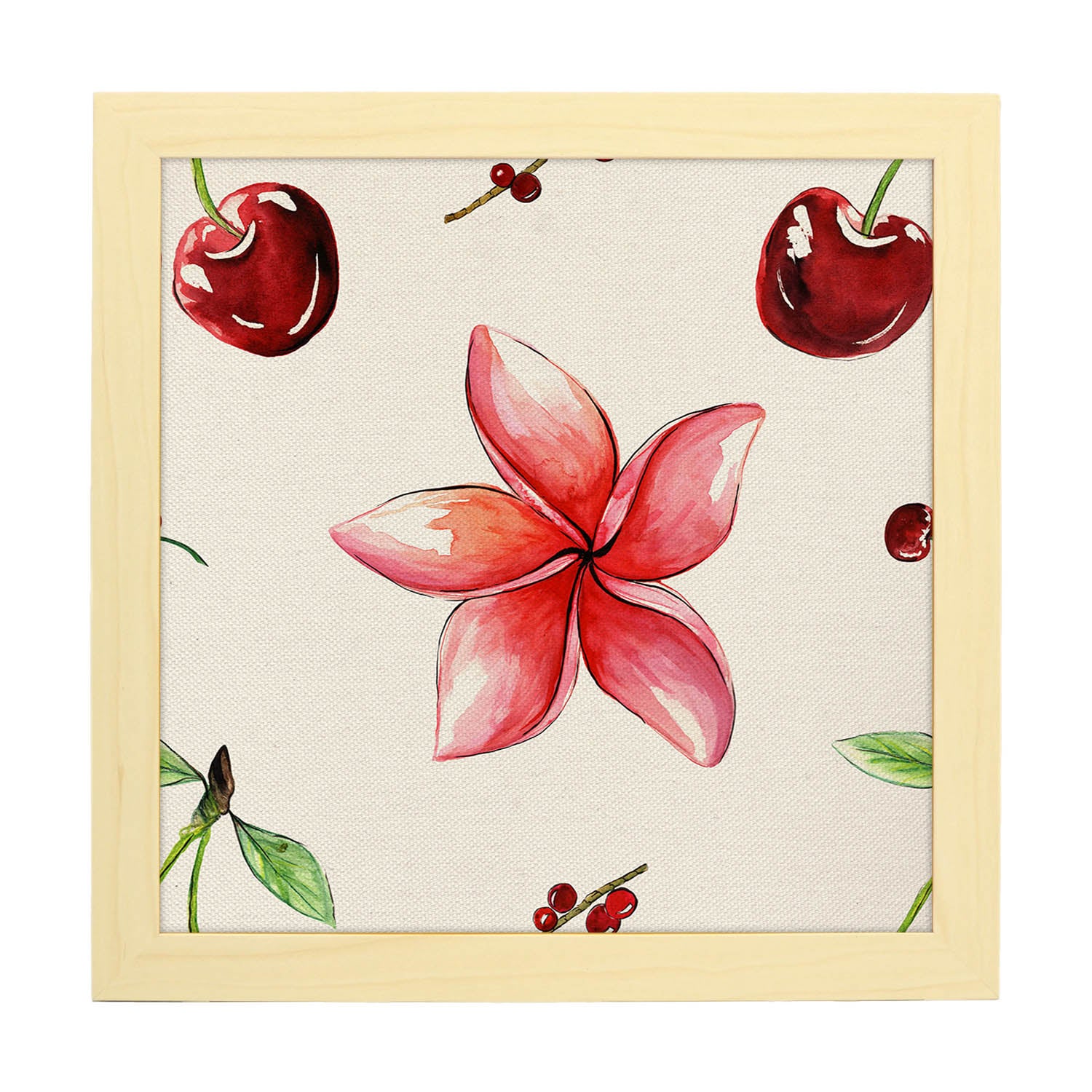 Affiche De Fleur Et De Nature. Fleurs Et Cerises De Lame Carrée, Illustrées De Dessins De Couleur. Cadre Noir - 2
