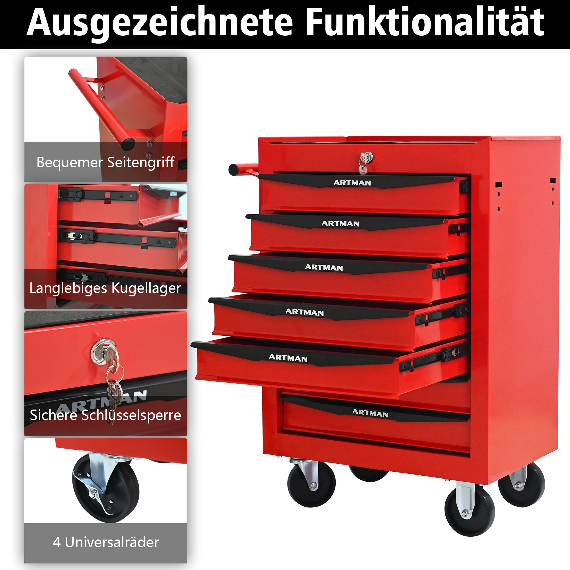 Coffre à outils roulant en métal à 7 tiroirs, armoire à outils pliable en 7 parties avec glissières à billes, organisateur d'outils en acier - 8