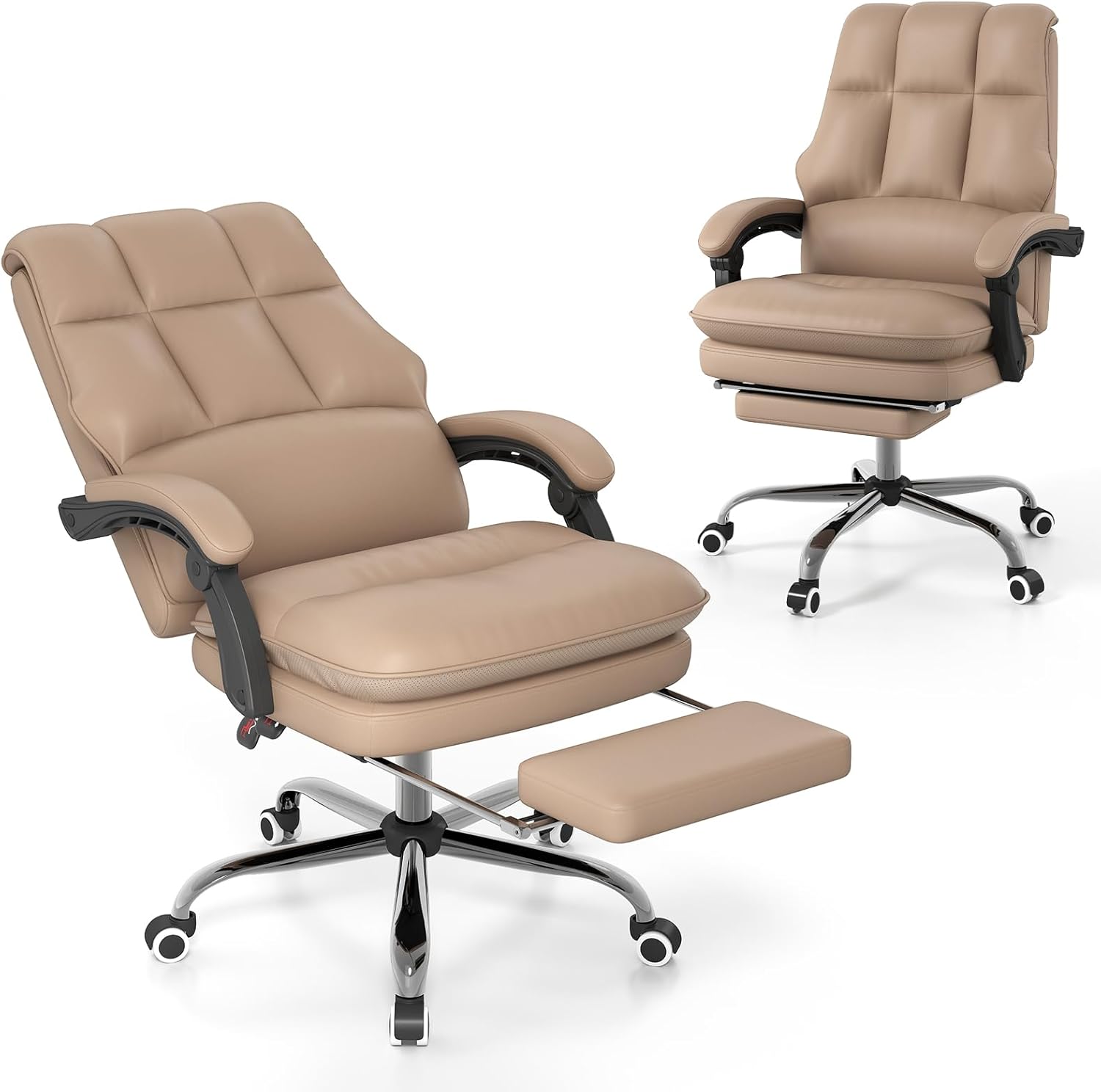 Ergonomiczny fotel biurowy z wysuwanym podnóżkiem, regulowanym wysokim oparciem, miękki ze sztucznej skóry, kawowy