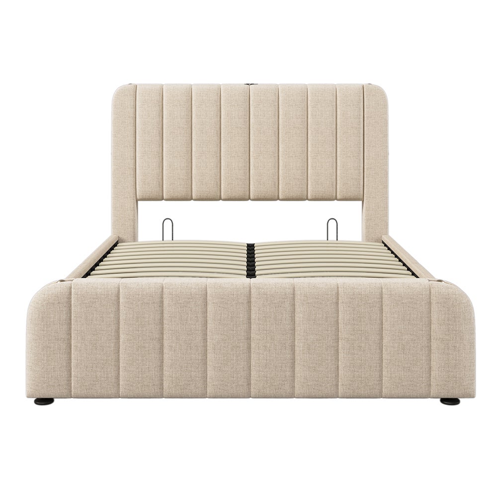 Lit coffre Lit rembourré Double tête de lit rembourrée fonction de chargement USB Type-C Lit 160x200 cm Beige - 2