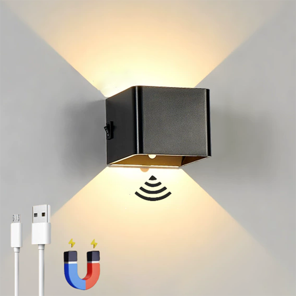Akumulatorowa lampa ścienna LED z czujnikiem ruchu, bezprzewodowa magnetyczna lampa ścienna, 2 tryby oświetlenia, czarna