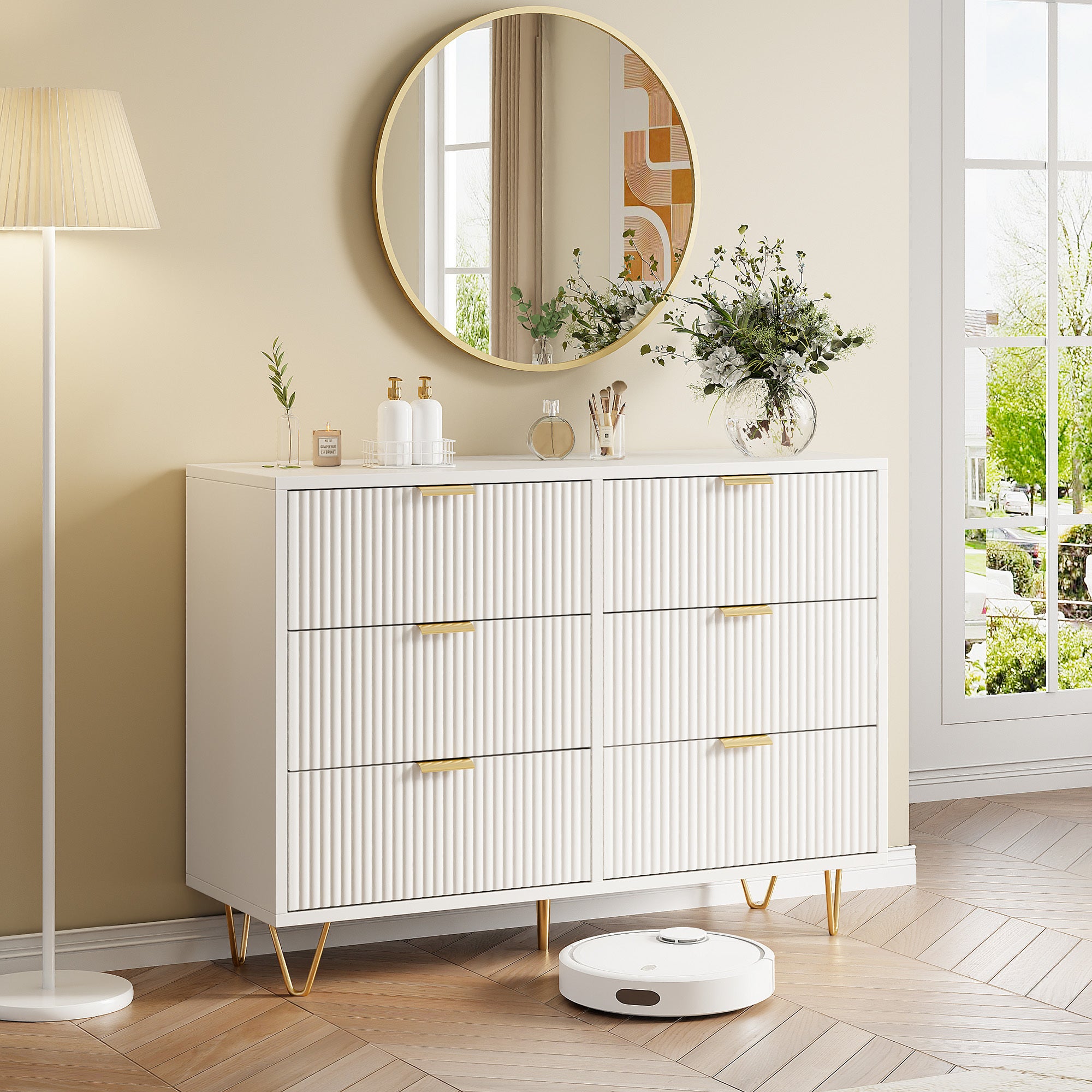 Commode blanche,6 tiroirs, Buffet d'appoint, finition ondulée, avec pieds et poignées dorés, salon, chambre, salle à manger - 2