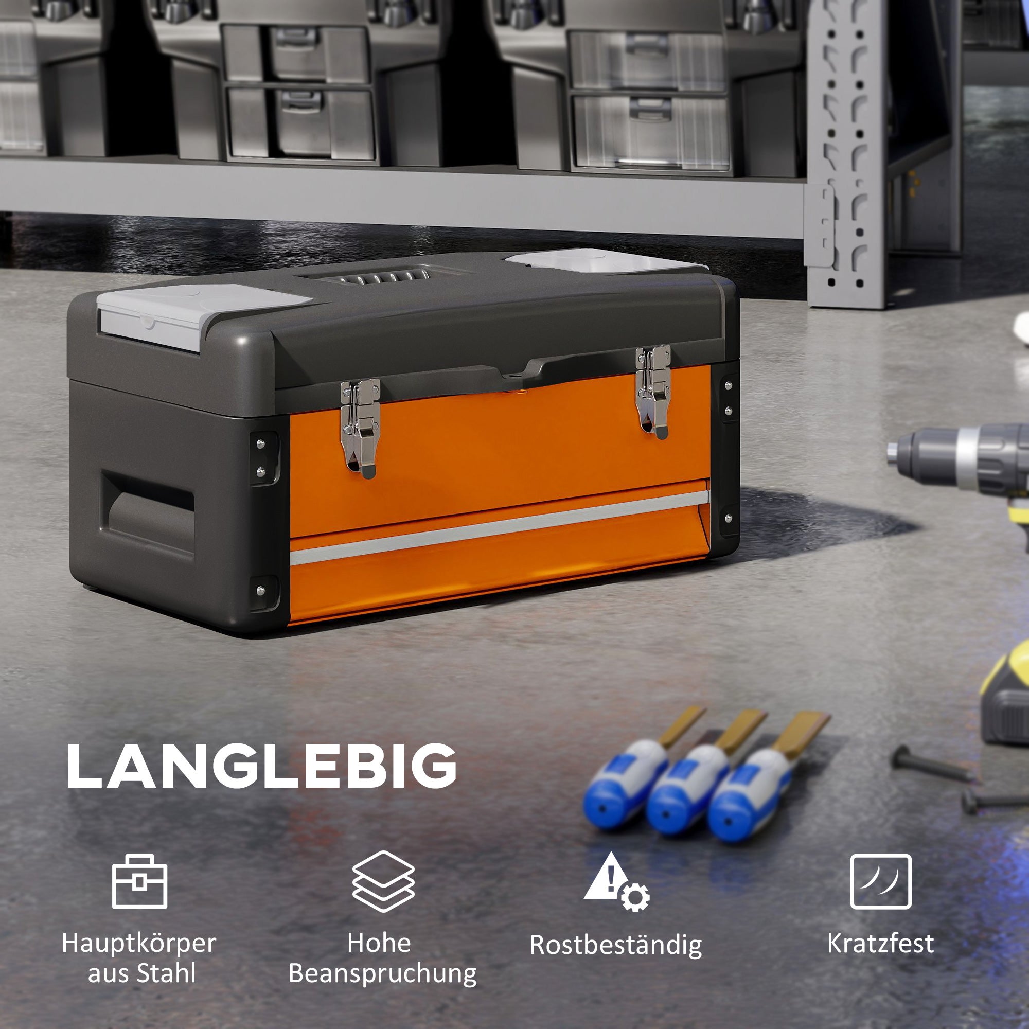 Cassetta degli attrezzi vuota, 49,7 x 25,3 x 23 cm, cassetta degli attrezzi con cassetto, mini scatola, acciaio, arancione - 6