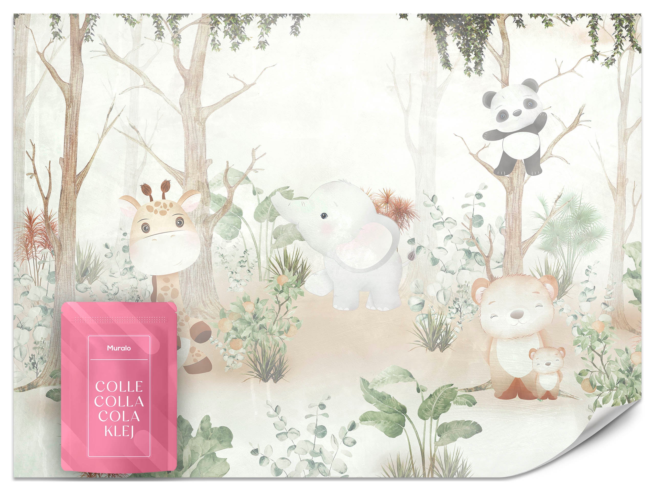 Papel pintado fotográfico no tejido para habitación infantil animales acuarela plantas 450cm x 300cm