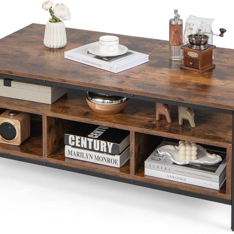 Drewniany stolik kawowy, 3 poziomy, stół do salonu z otwartym regałem i 6 półkami, metalowa rama, sypialni, 110 x 60 x 45 cm, w stylu industrialnym