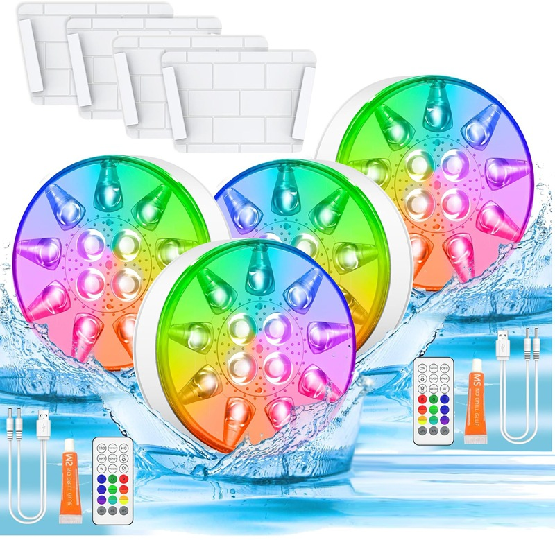 Zestaw 4 lamp basenowych, ładowalne podwodne lampy LED z pilotem, podwodna lampa LED RGB do basenu, wodoodporność IP68