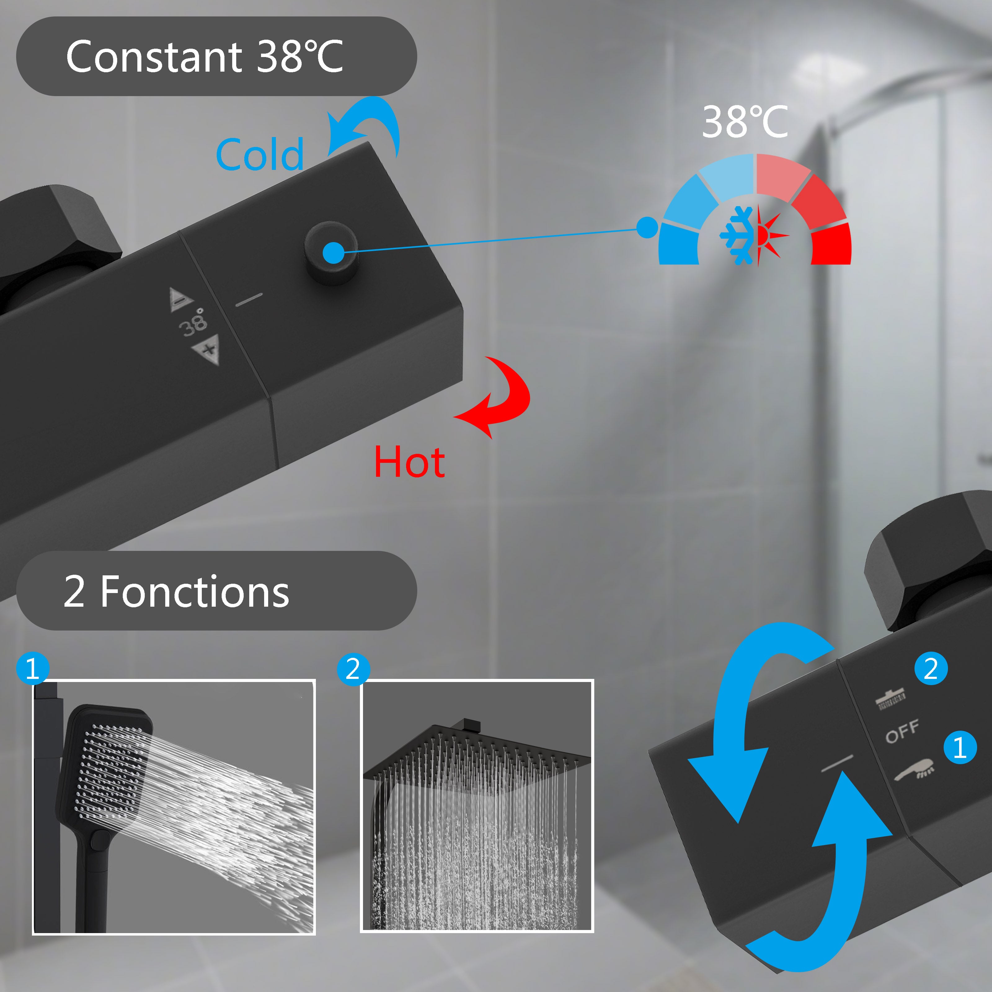 OCEAN Colonne de douche thermostatique avec pommeau de douche de tête de 30x30cm, douchette à main à 3 fonctions et robinet mitigeur-C - 6
