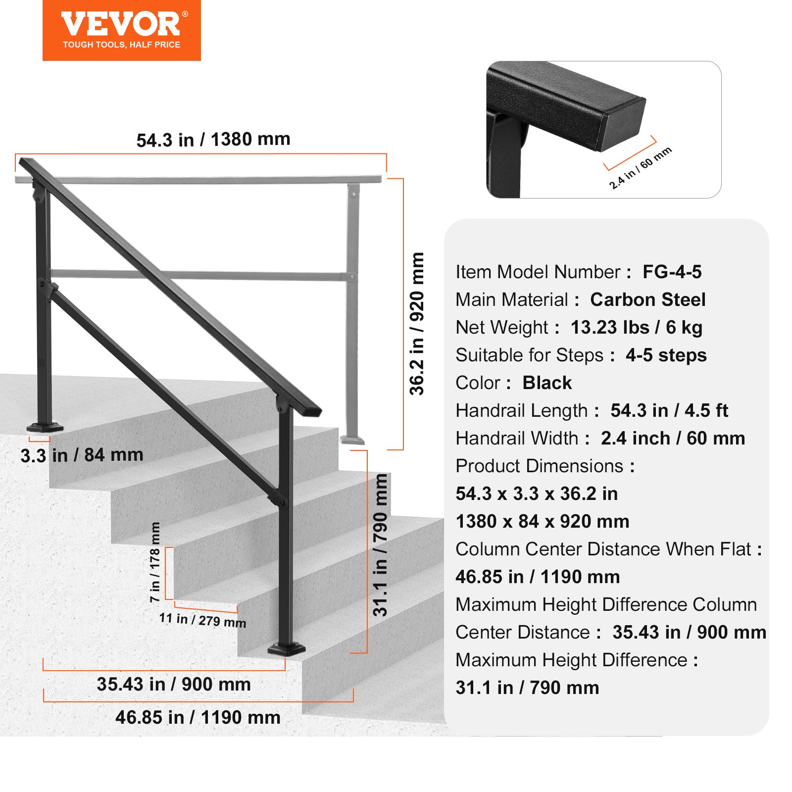 Rampe d'Escalier VEVOR pour 4-5 Marches Extérieures, Main Courante Escalier, Tube Carré en Acier au Carbone, pour Porche, Terrasse, Noir - 7