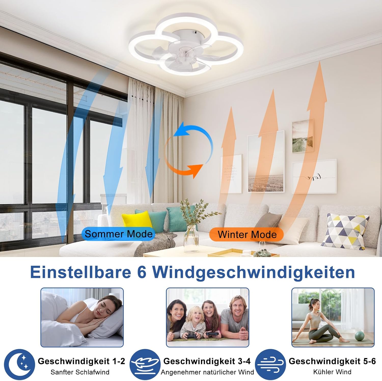 ZMH Ventilador de techo con luz, silencioso, 6 velocidades, moderno, regulable para sala de estar - 5