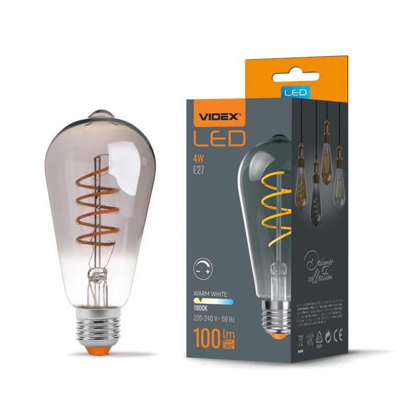 Żarówka dekoracyjna Ściemnialna LED FILAMENT E27 4W kulka dymiona Ciepła biel 1800K 100lm Videx