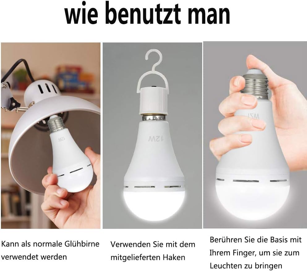 Duas lâmpadas LED E27 recarregáveis (com pilhas), luz branca neutra de 12 W, adequadas para lâmpadas incandescentes para acampamentos e tendas - 5