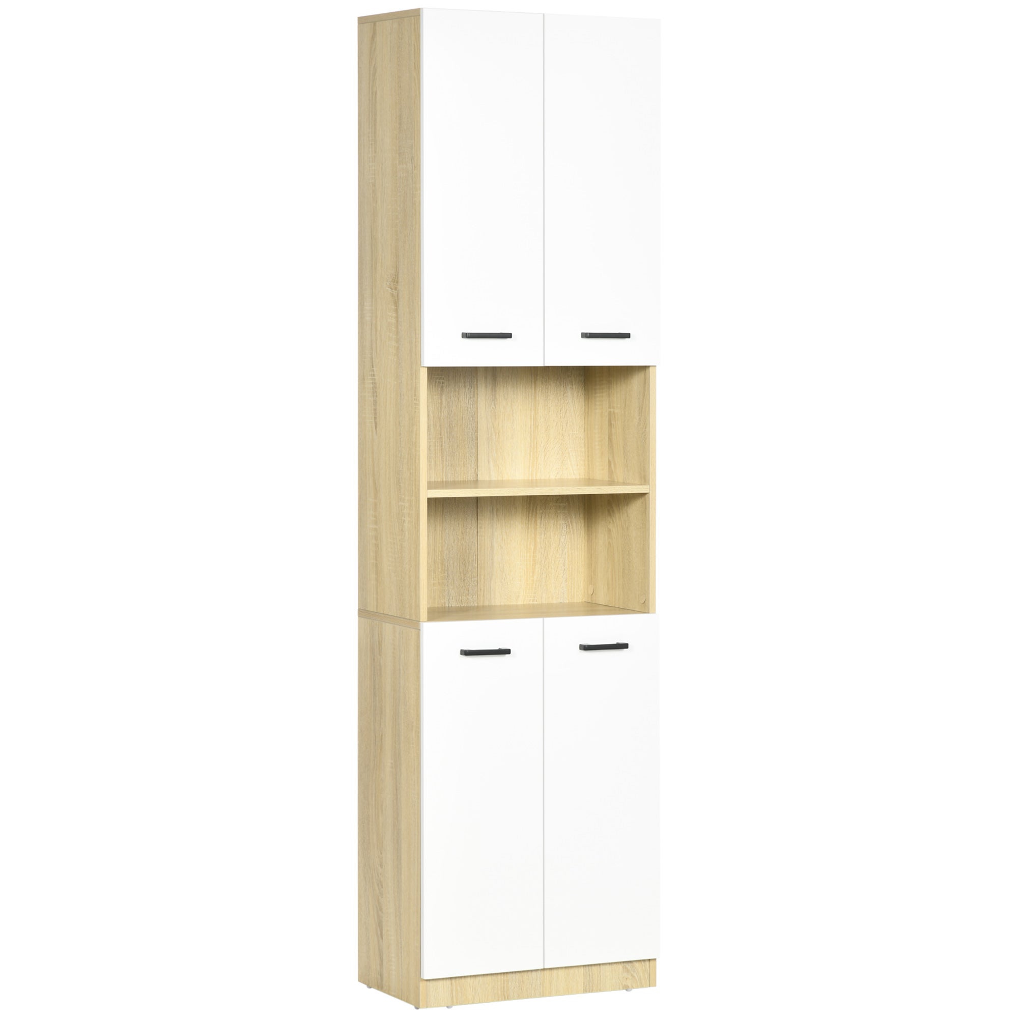 Leroy Merlin High bathroom cabinet with 4 doors, 2 open shelves and adjustable shelves, 53x33.5x195.7 cm, white and oak 